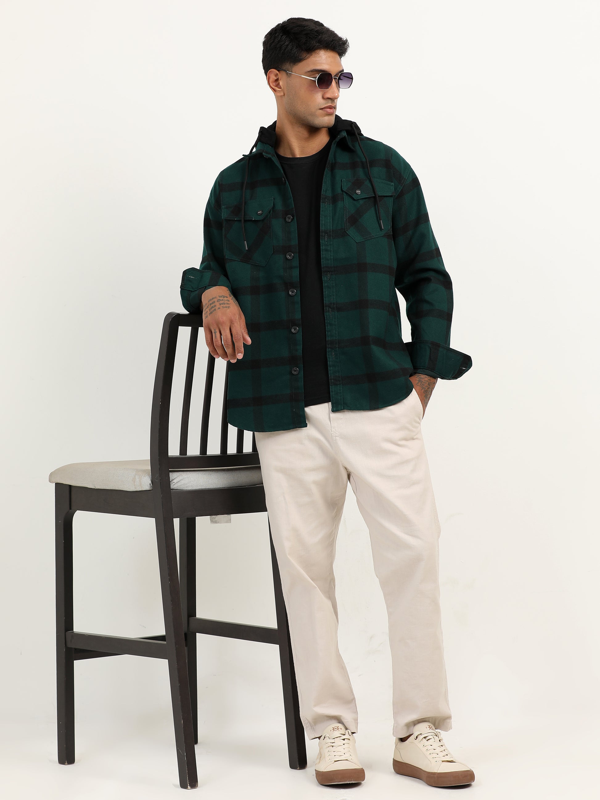  Brushed Twill Hooded Checked Green Shacket For Men