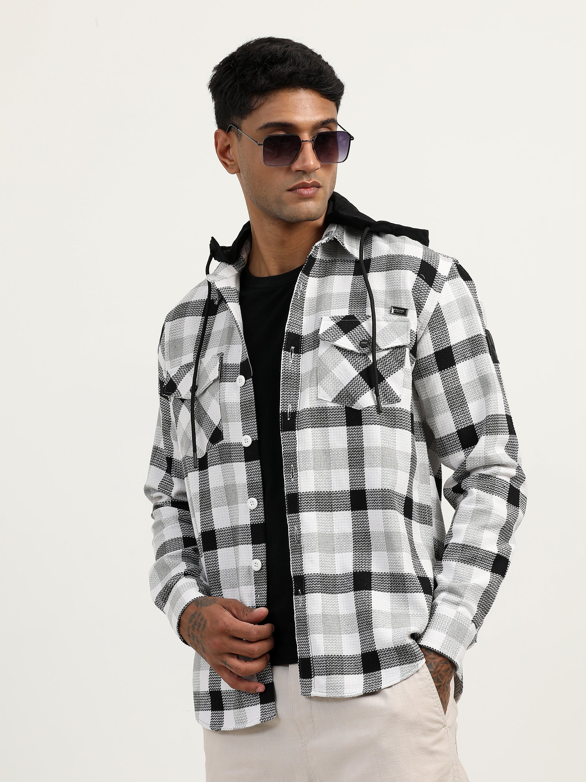  Brushed Twill Checked Hooded Green Shacket For Men