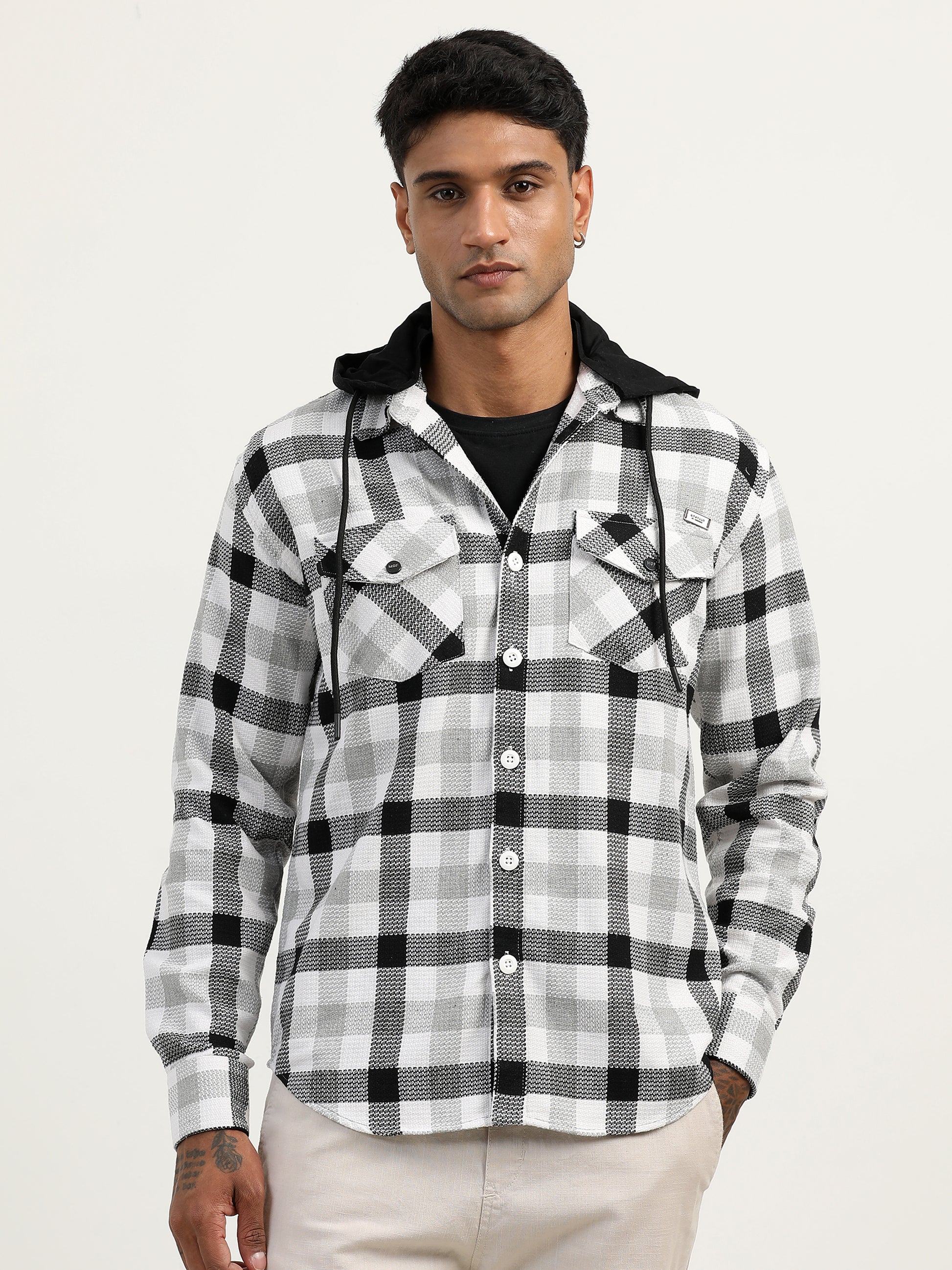  Brushed Twill Checked Hooded Green Shacket For Men