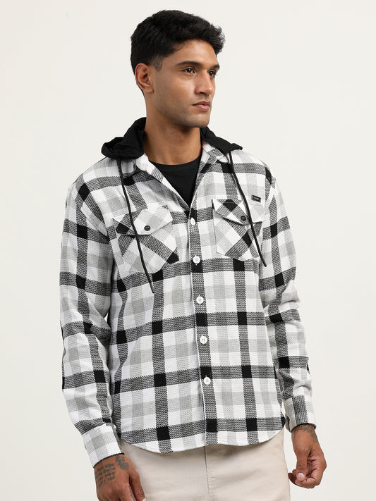  Brushed Twill Checked Hooded Green Shacket For Men