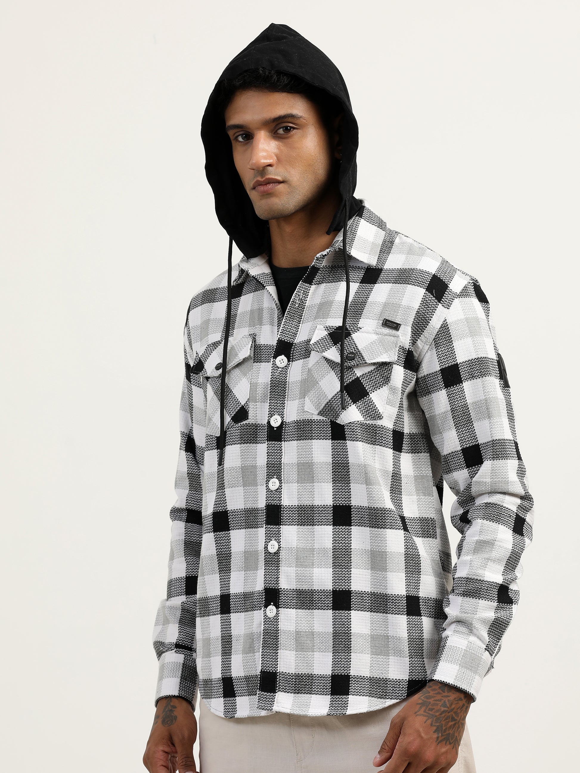  Brushed Twill Checked Hooded Green Shacket For Men