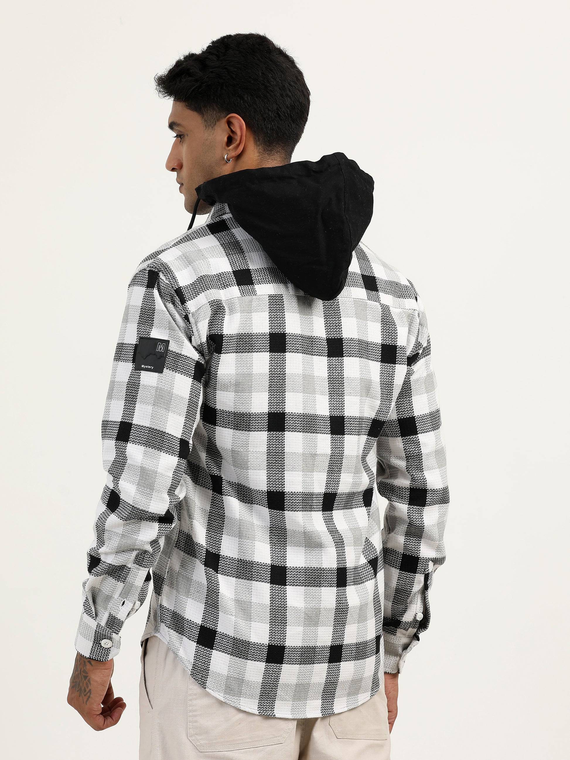  Brushed Twill Checked Hooded Green Shacket For Men