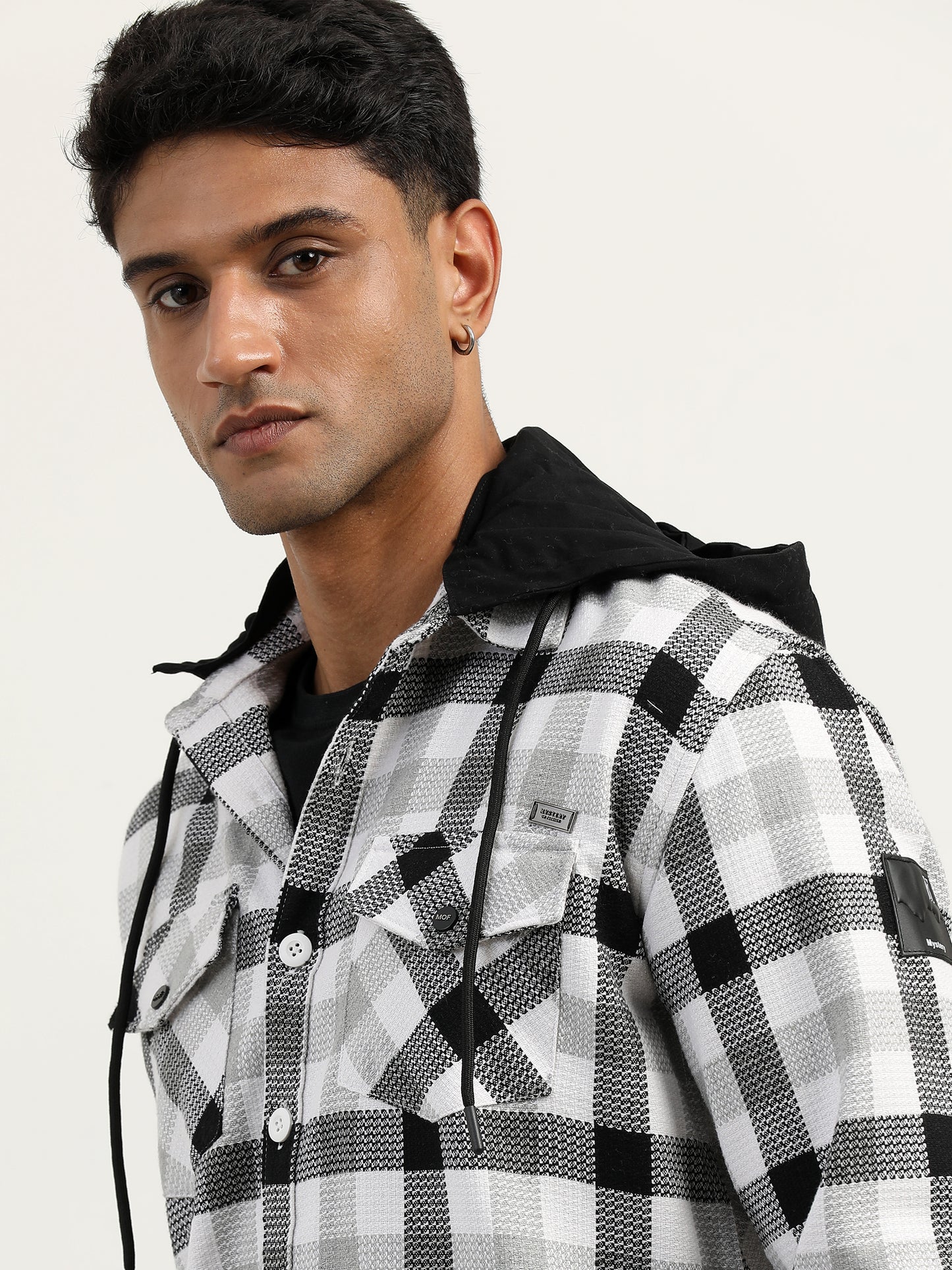  Brushed Twill Checked Hooded Green Shacket For Men