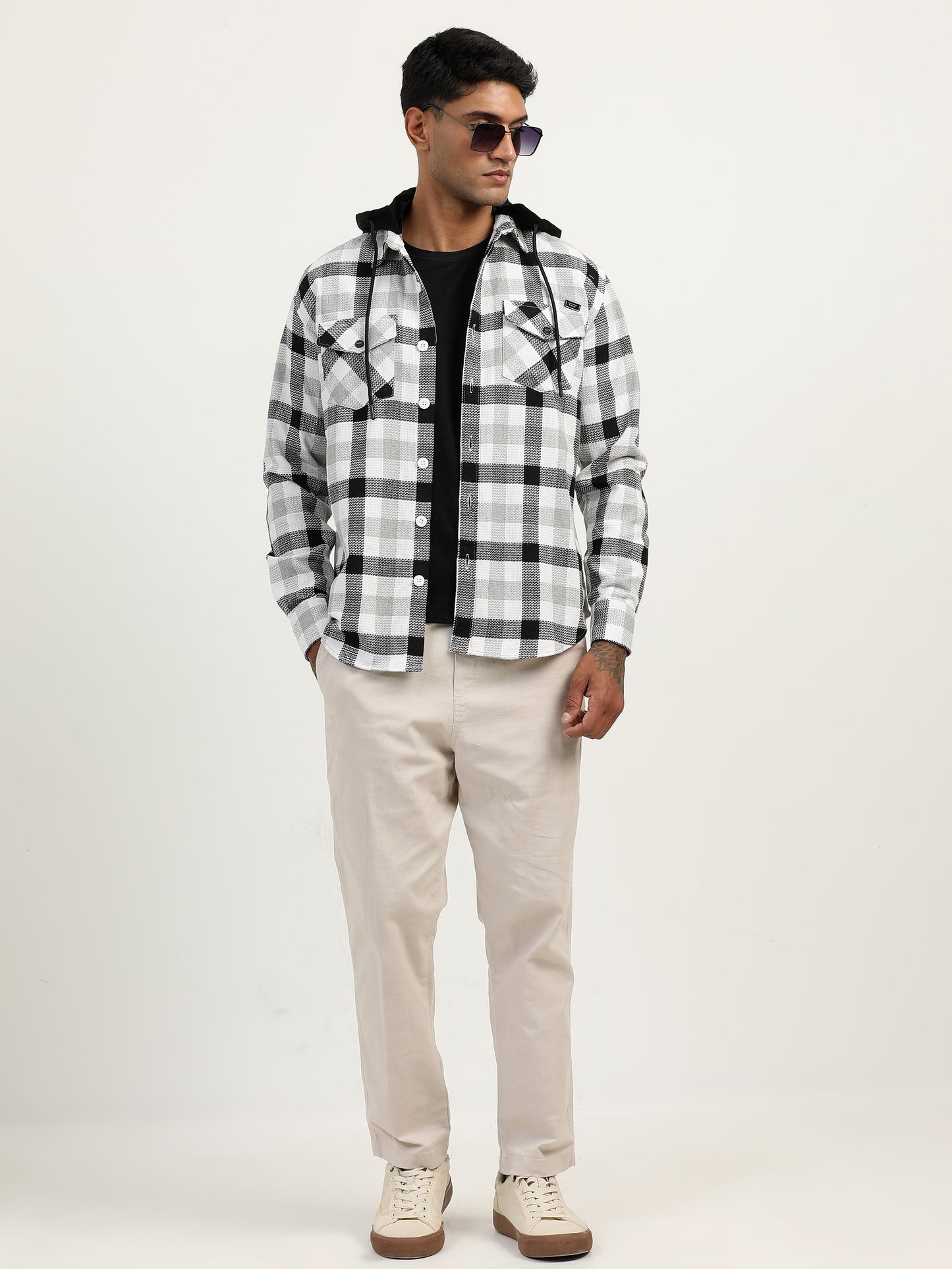  Brushed Twill Checked Hooded Green Shacket For Men