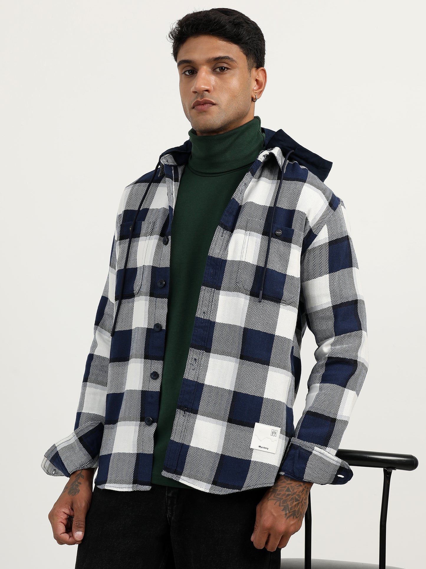 Brushed Twill Hooded Checked Blue Shacket For Men