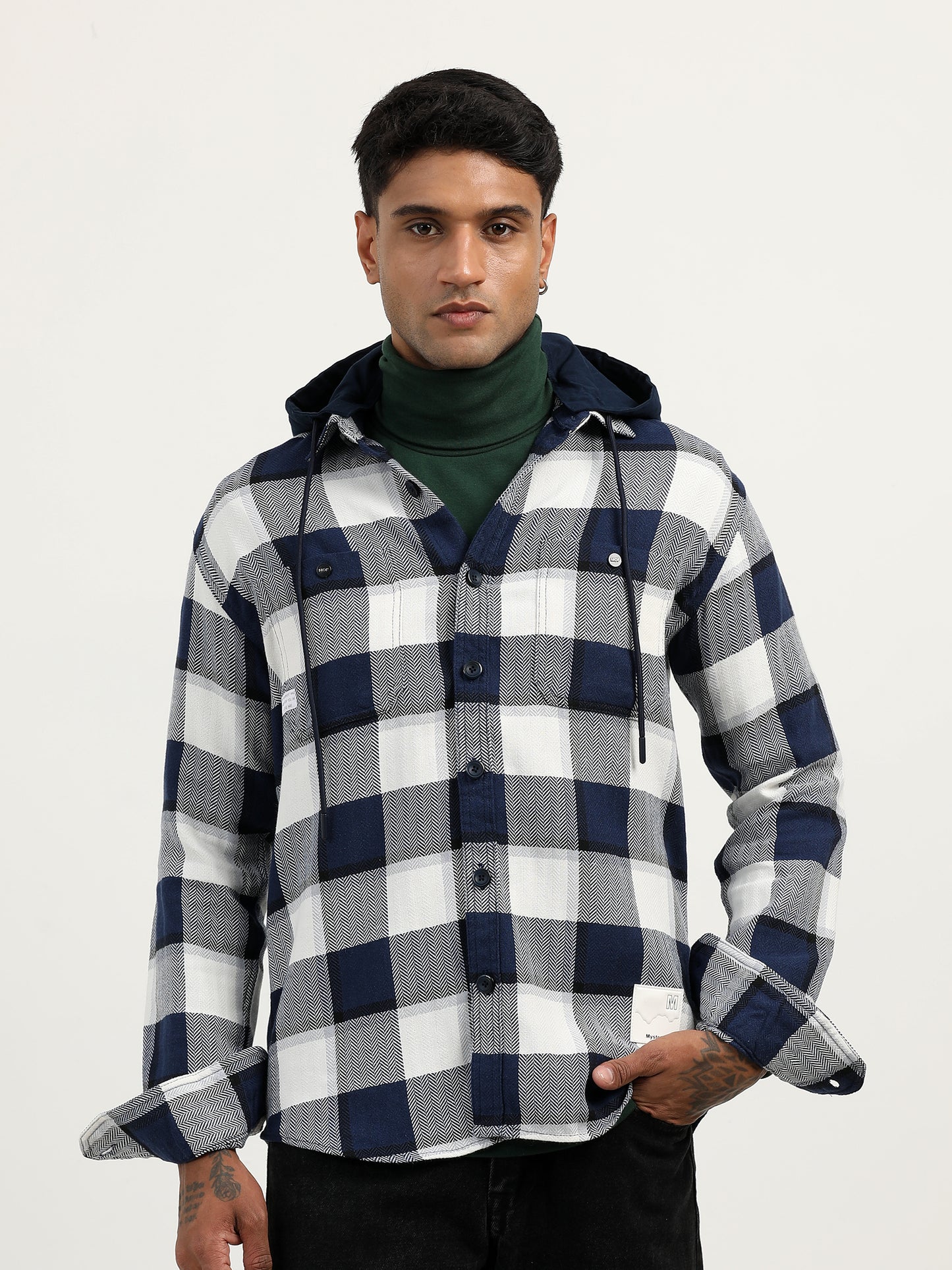 Brushed Twill Hooded Checked Blue Shacket For Men