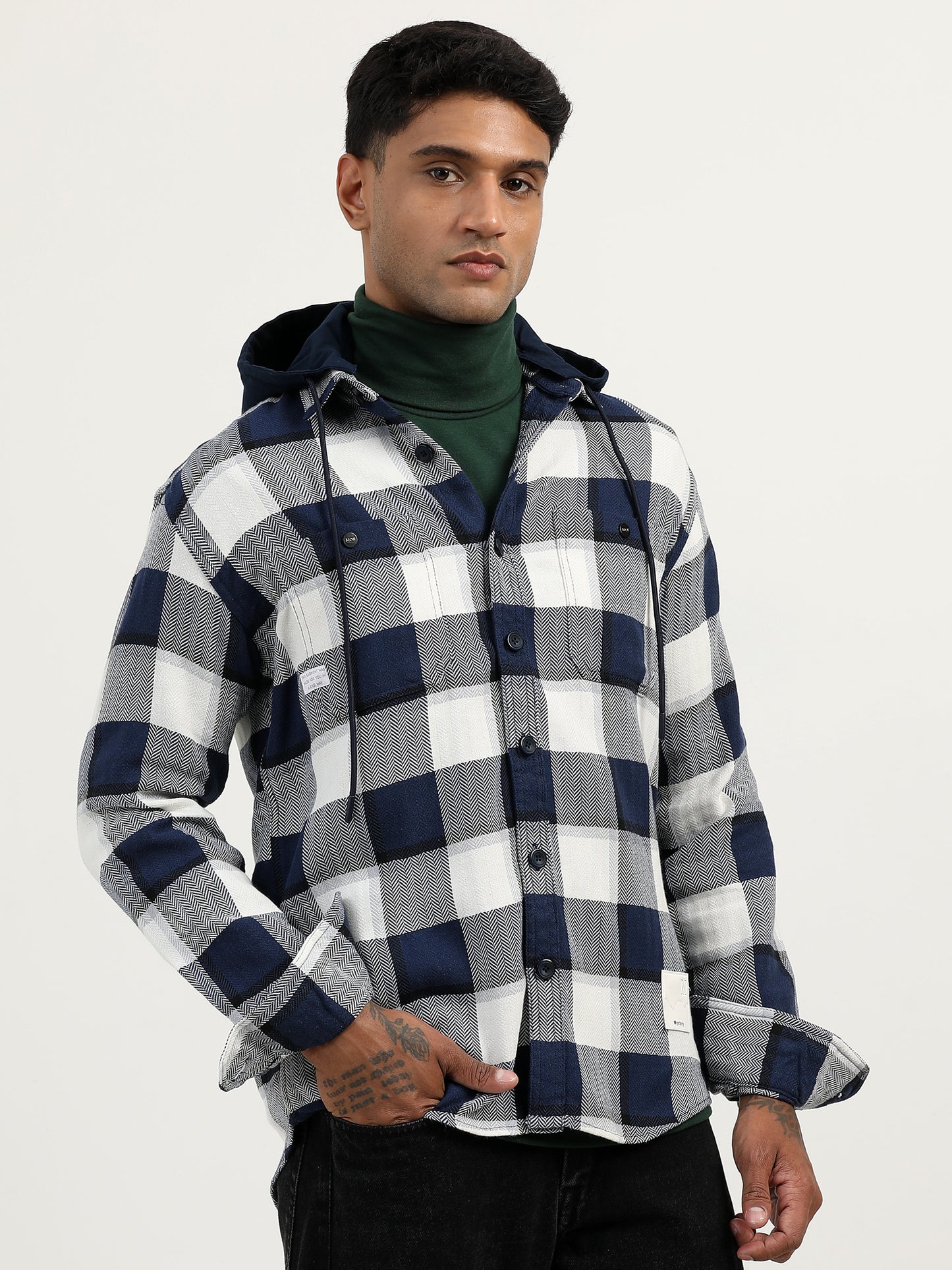 Brushed Twill Hooded Checked Blue Shacket For Men