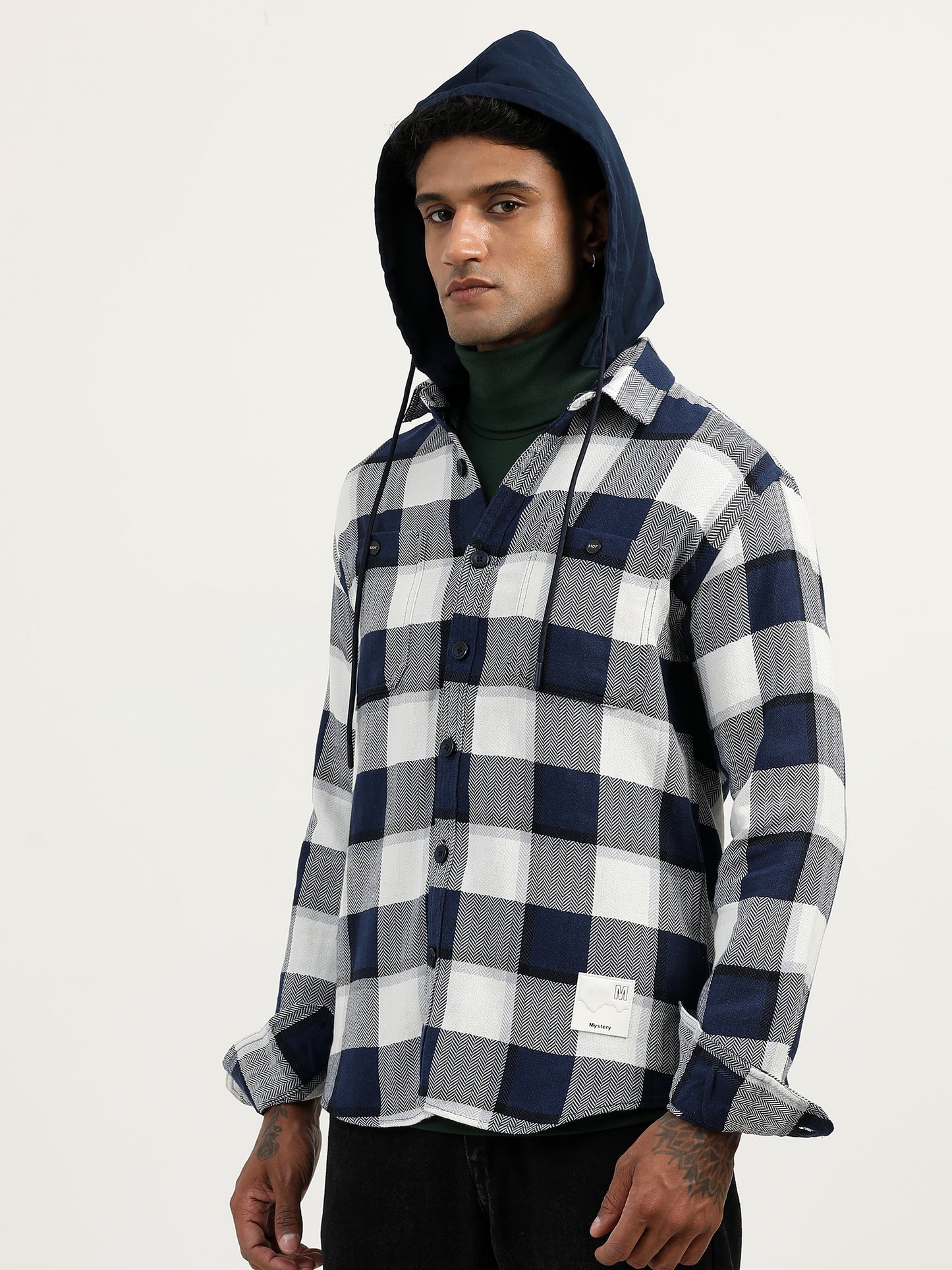 Brushed Twill Hooded Checked Blue Shacket For Men