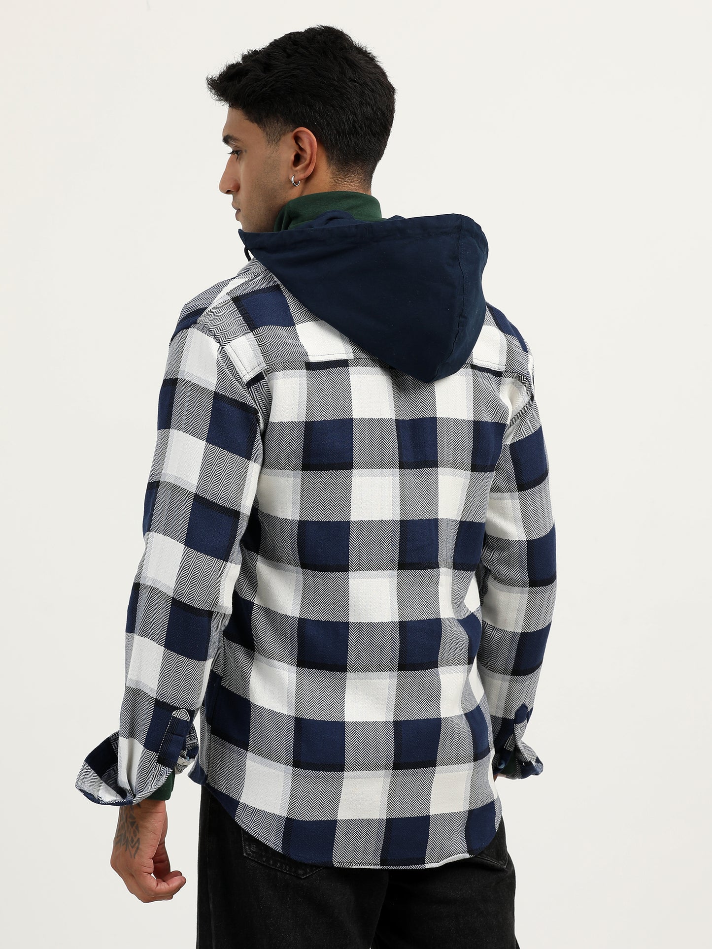 Brushed Twill Hooded Checked Blue Shacket For Men