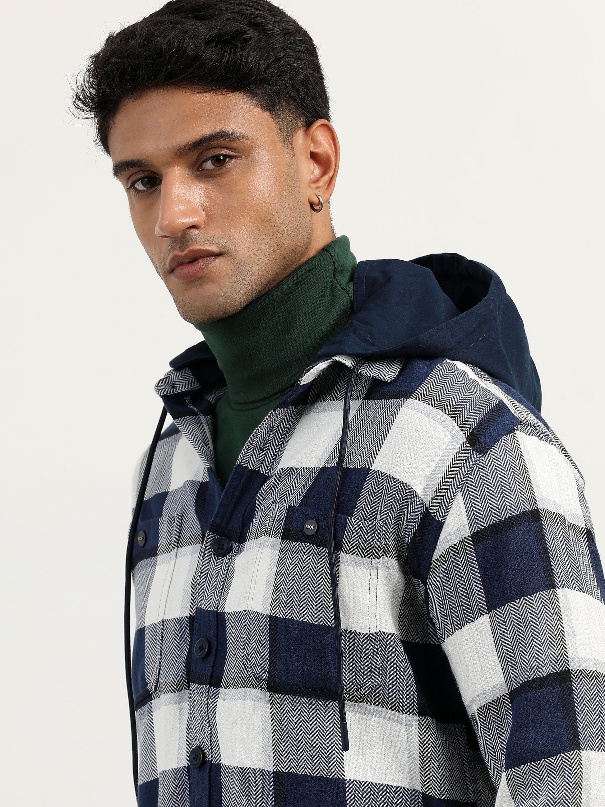 Brushed Twill Hooded Checked Blue Shacket For Men