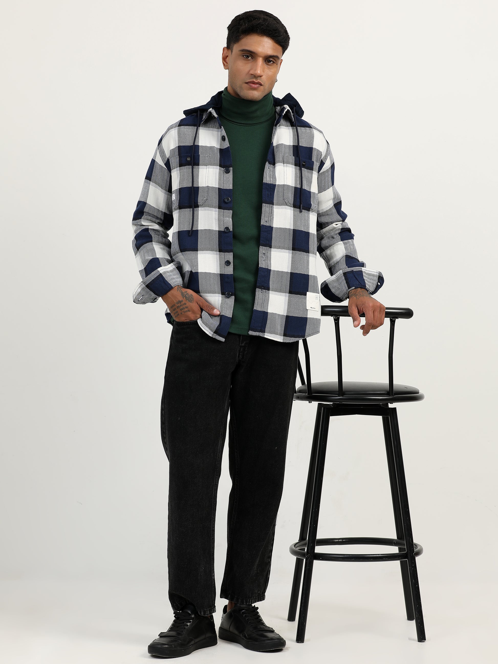 Brushed Twill Hooded Checked Blue Shacket For Men