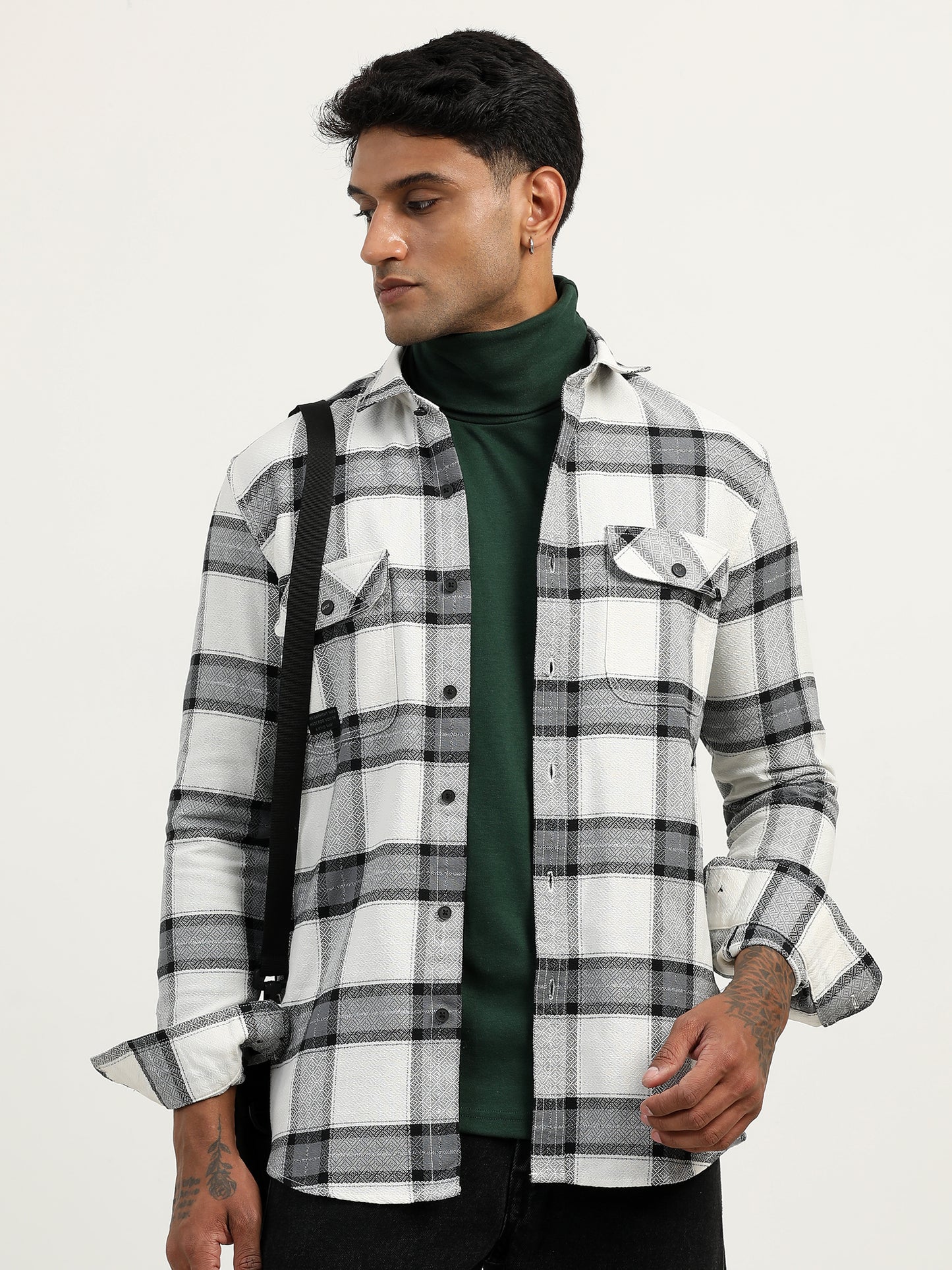 Brushed Twill Checked White Shacket Jacket