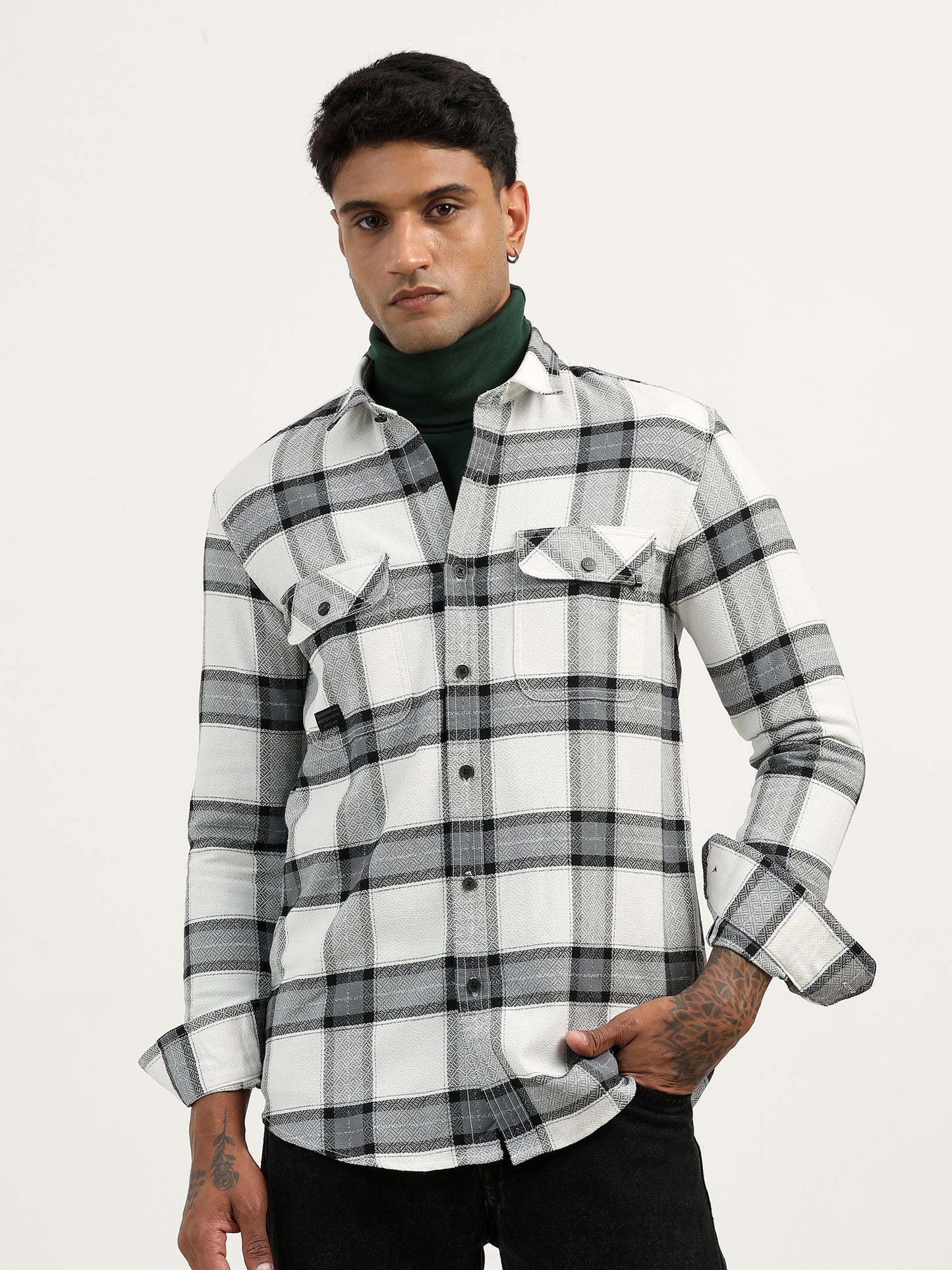 Brushed Twill Checked White Shacket Jacket