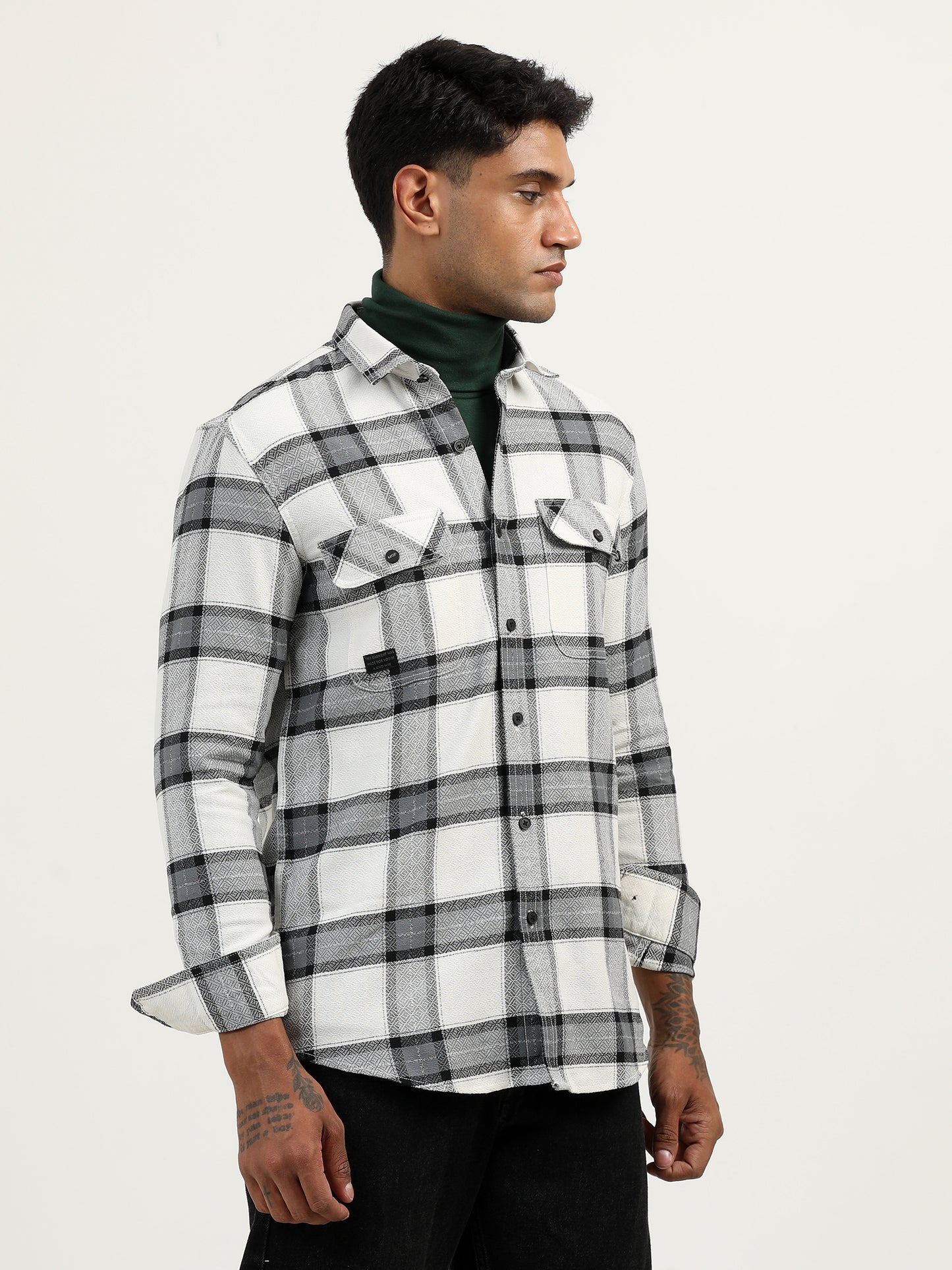 Brushed Twill Checked White Shacket Jacket