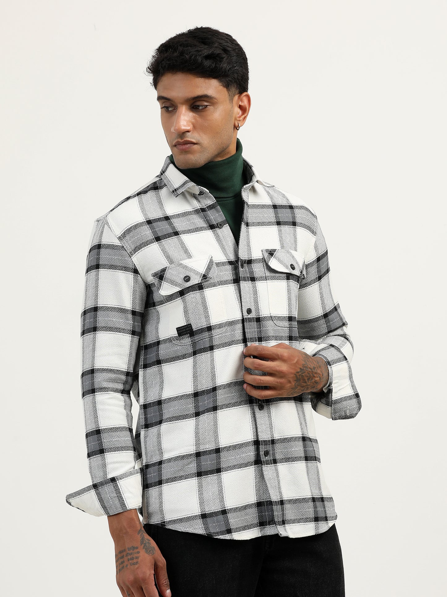 Brushed Twill Checked White Shacket Jacket