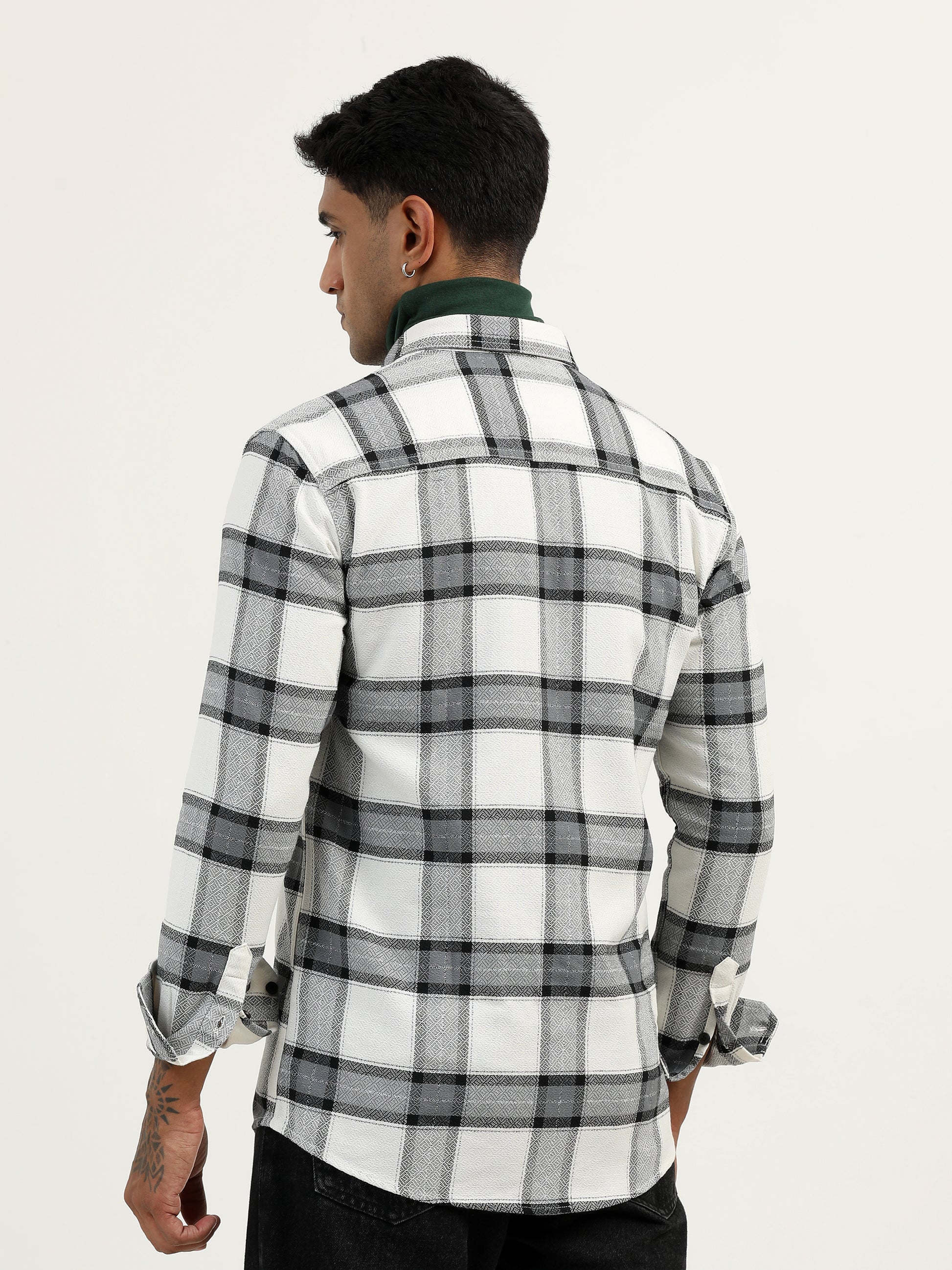 Brushed Twill Checked White Shacket Jacket