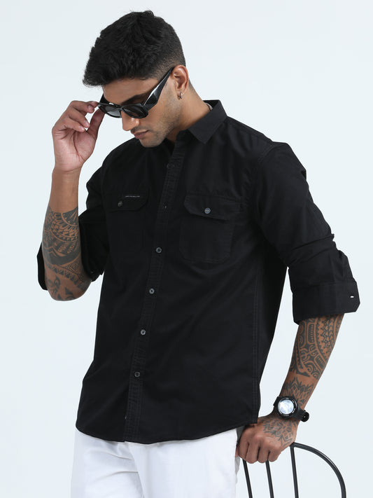 Twill Peach Black Double Pocket Shirt For Men