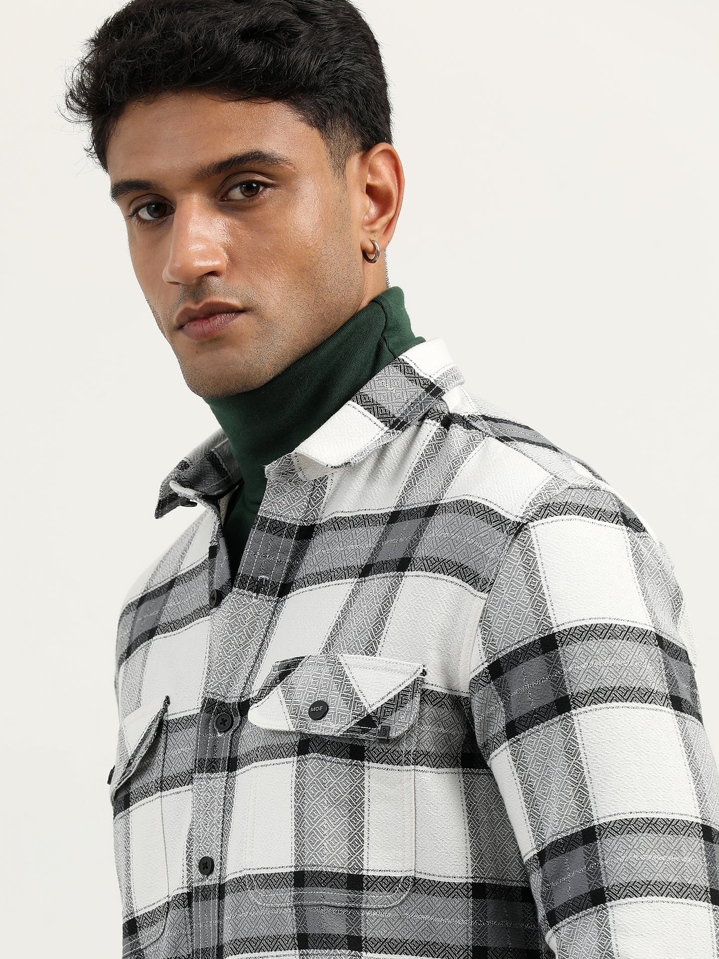 Brushed Twill Checked White Shacket Jacket