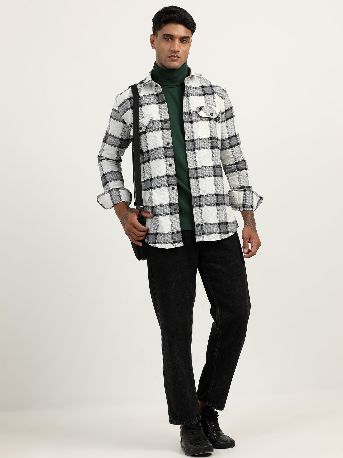 Brushed Twill Checked White Shacket Jacket