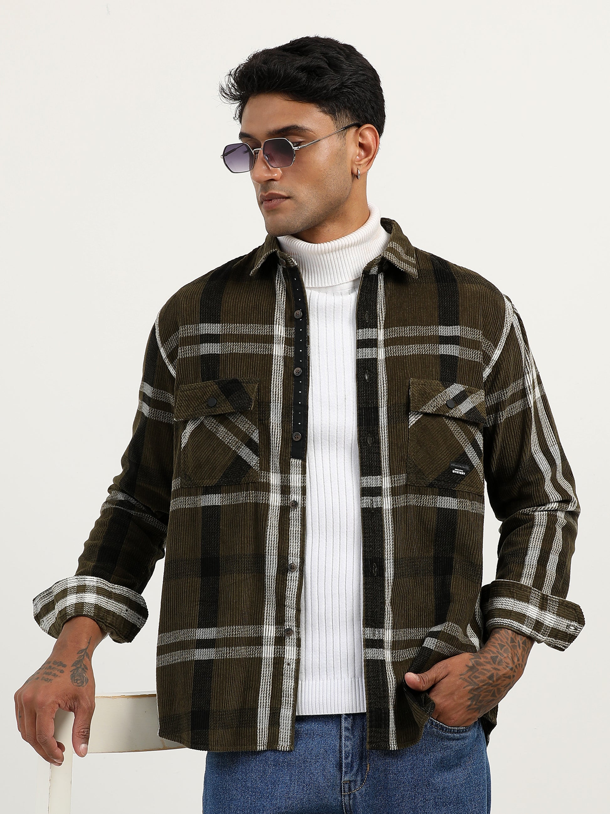 Corduroy Printed Checks Olive Green Shacket For Men