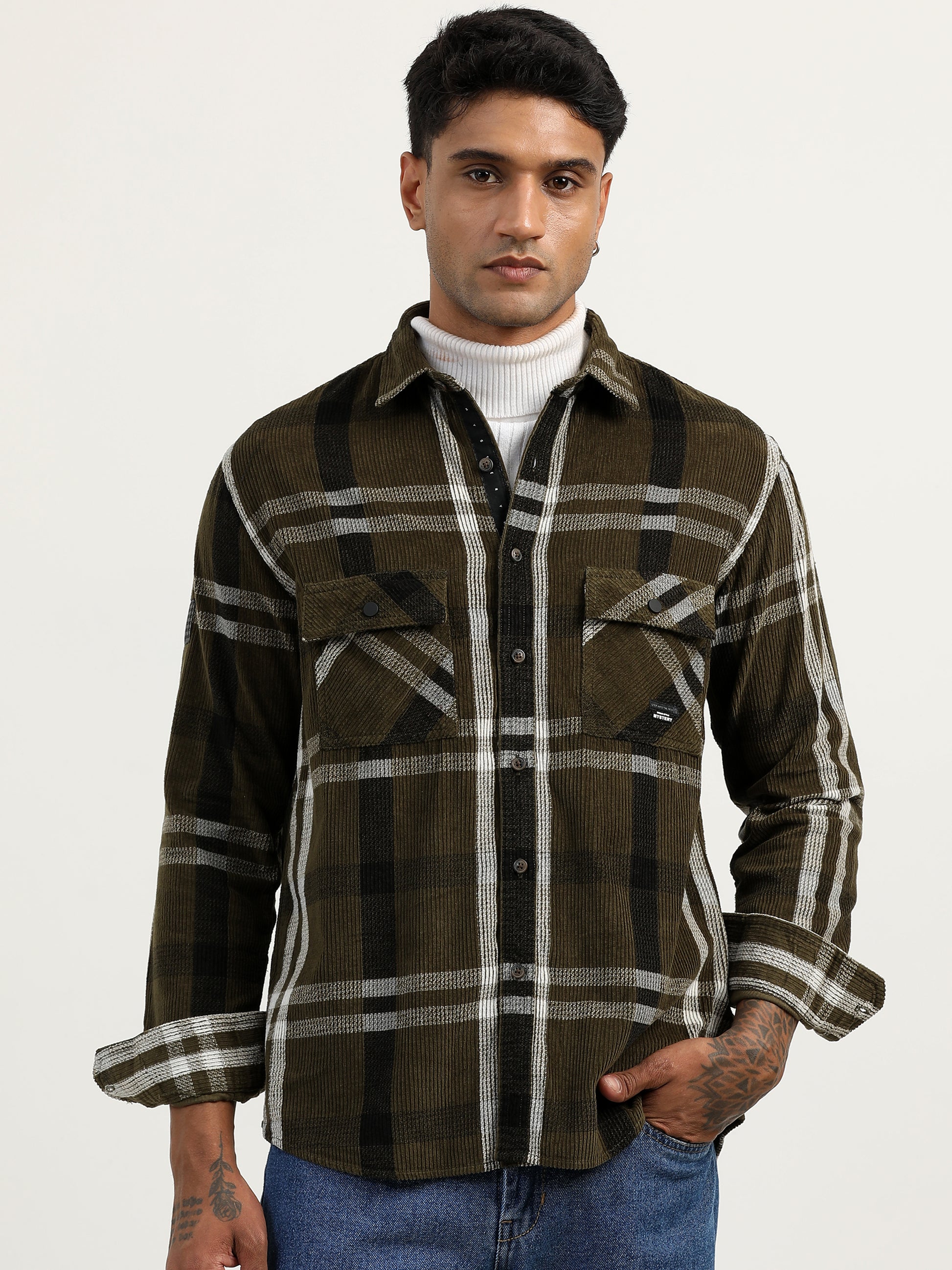 Corduroy Printed Checks Olive Green Shacket For Men