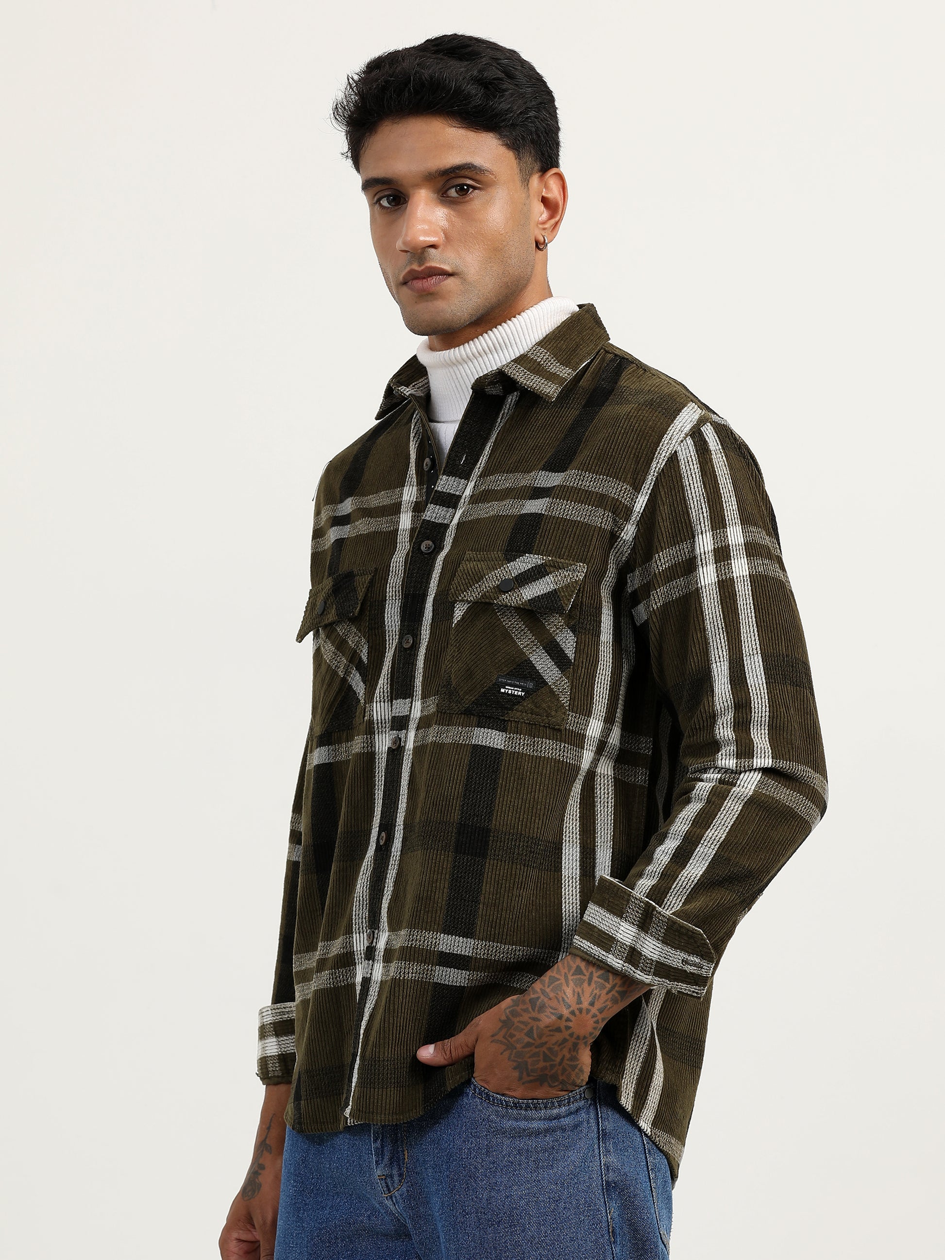 Corduroy Printed Checks Olive Green Shacket For Men