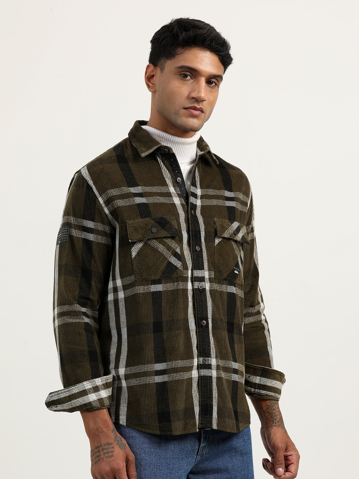 Corduroy Printed Checks Olive Green Shacket For Men