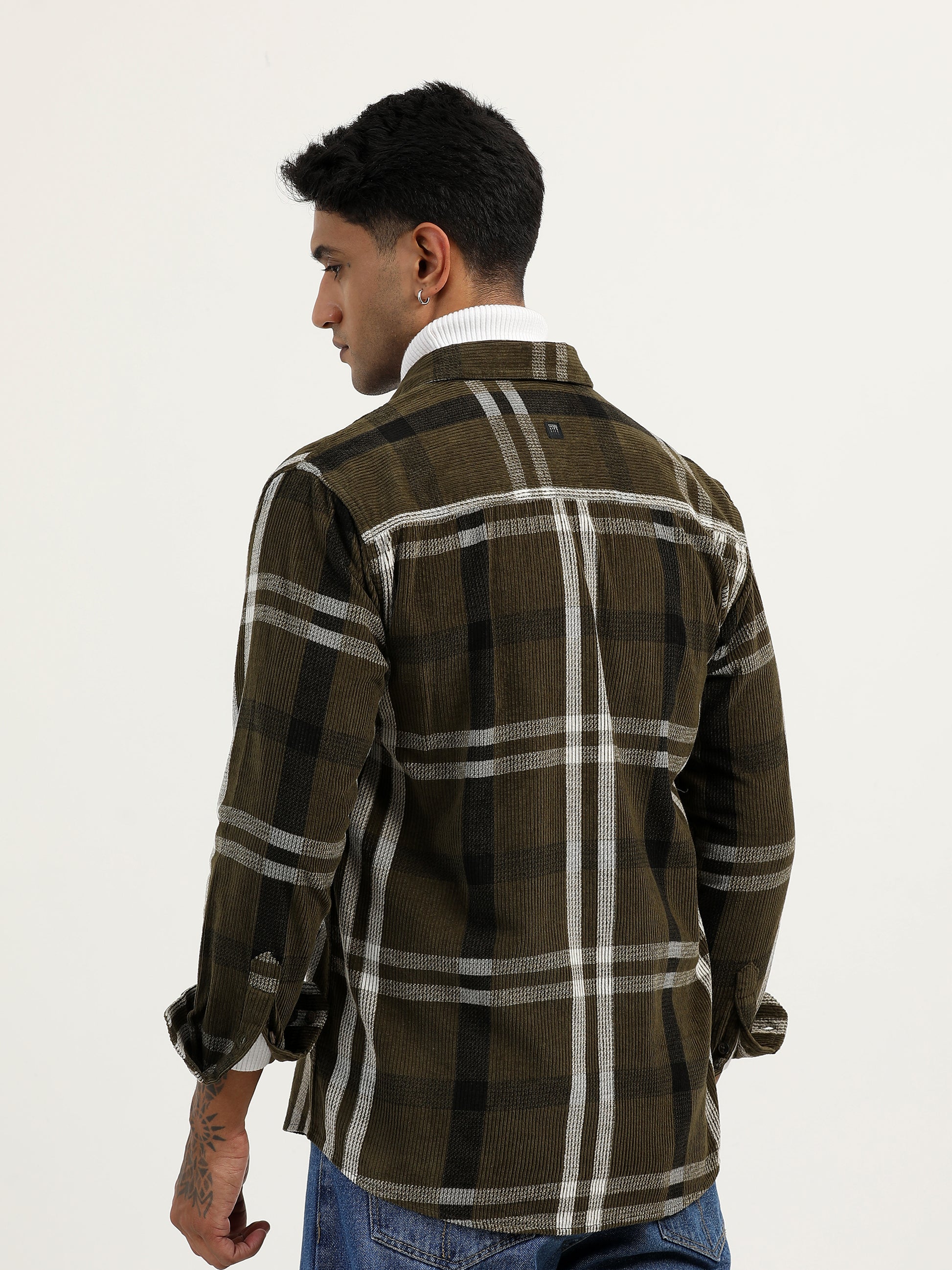 Corduroy Printed Checks Olive Green Shacket For Men