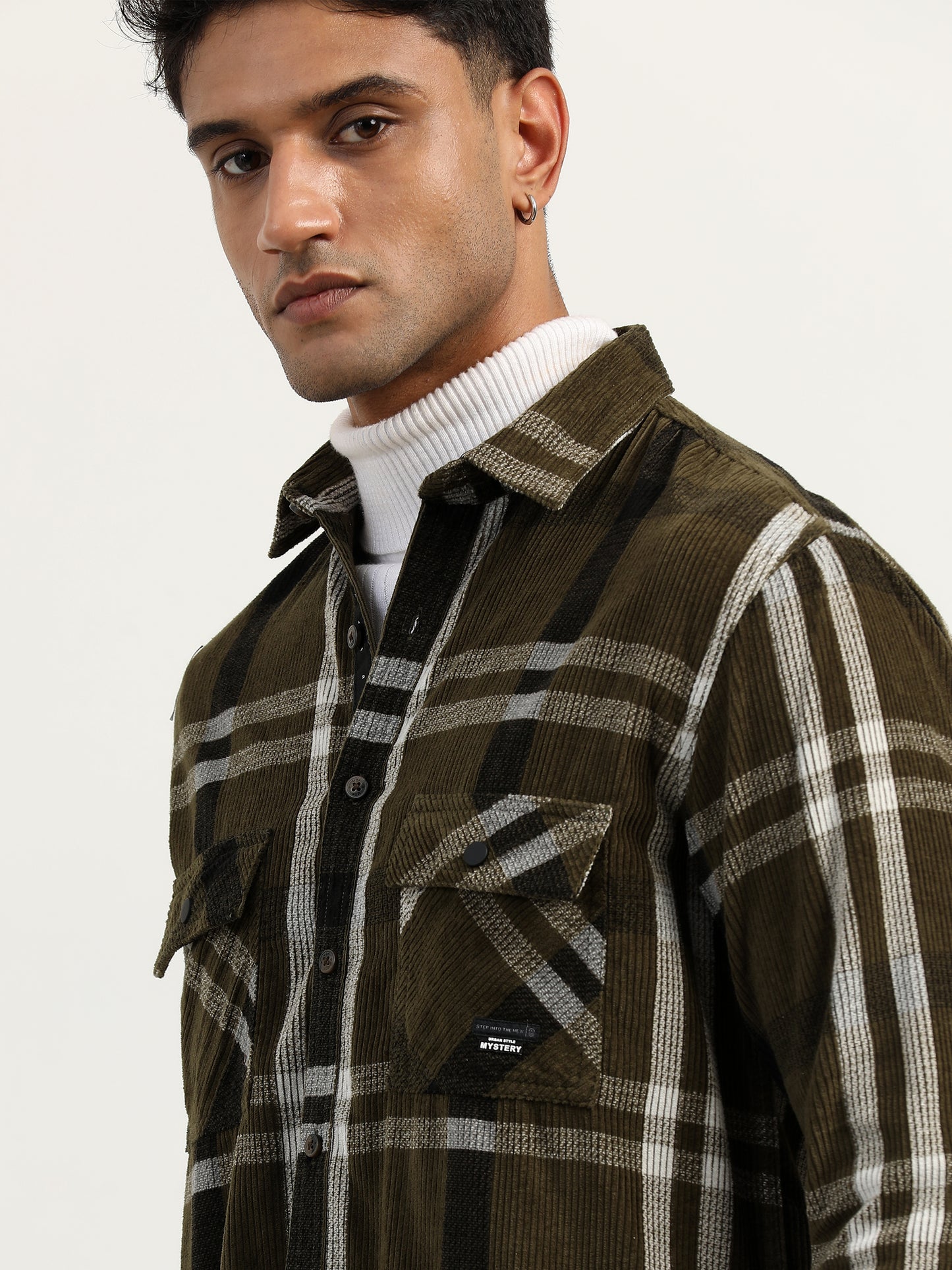 Corduroy Printed Checks Olive Green Shacket For Men