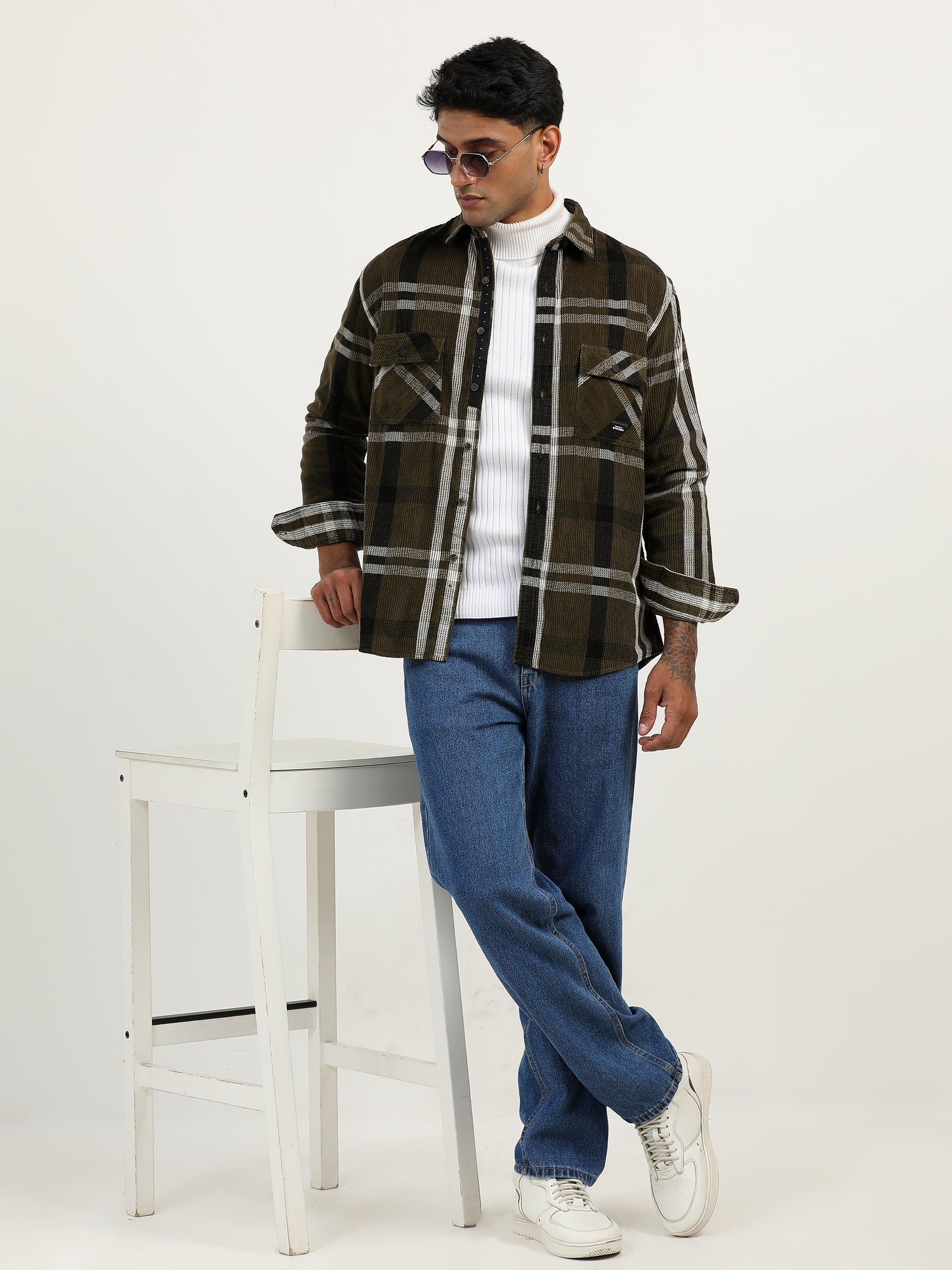 Corduroy Printed Checks Olive Green Shacket For Men