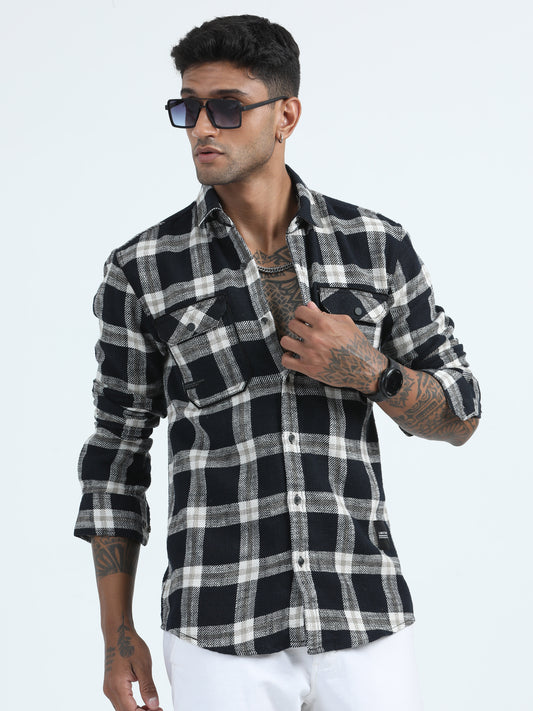 Drill Black White Check Shirt For Men