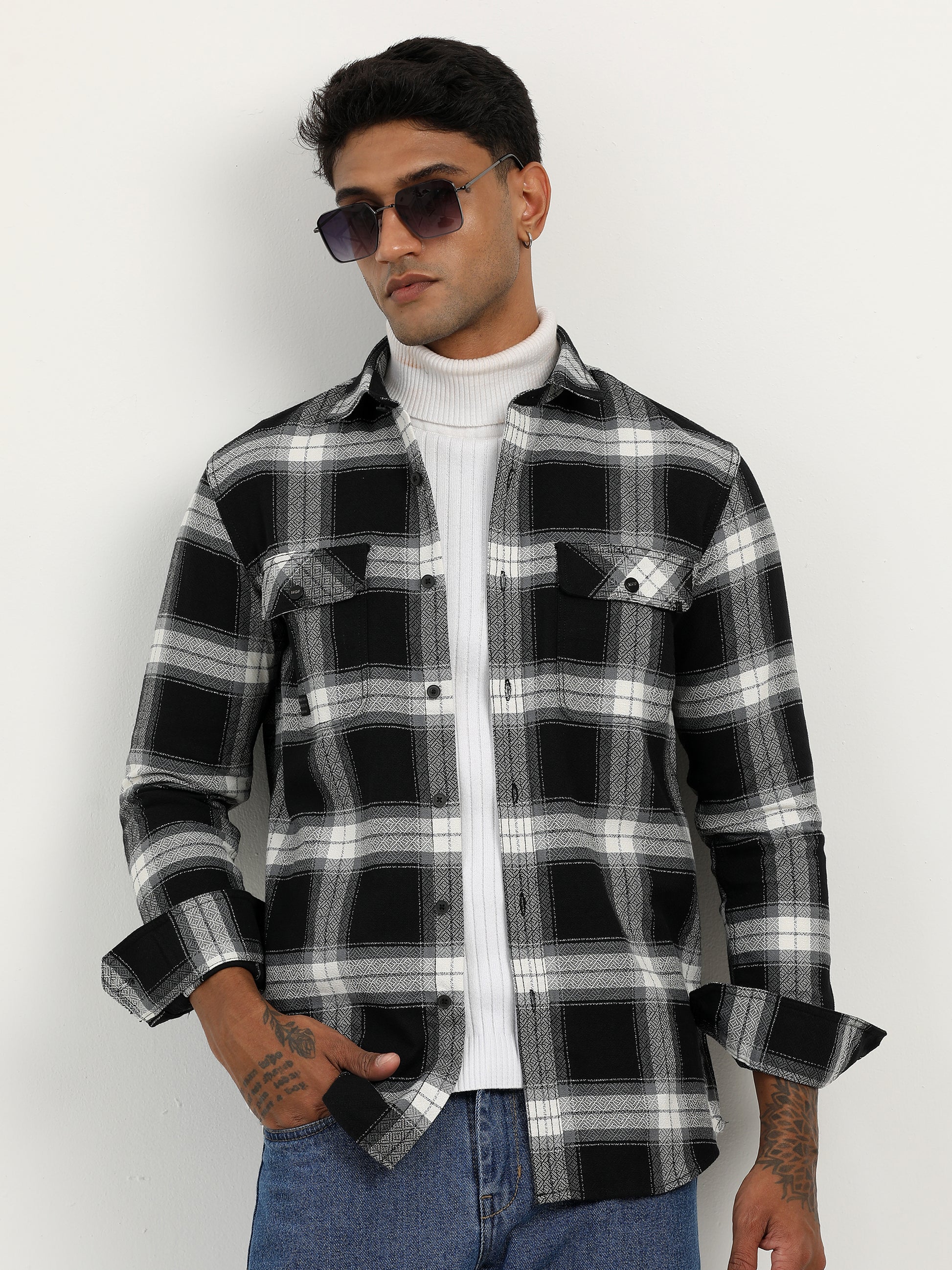 Brushed Twill Check Mens Black Shacket For Men