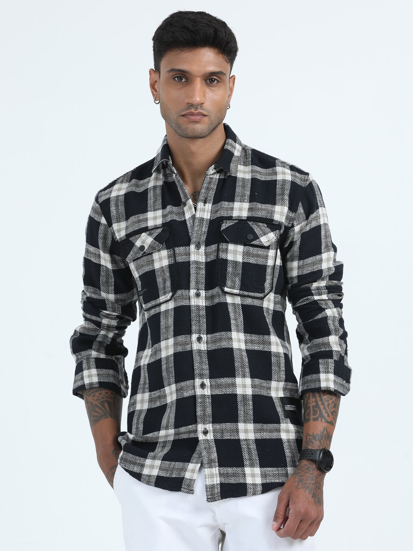 Drill Black White Check Shirt For Men