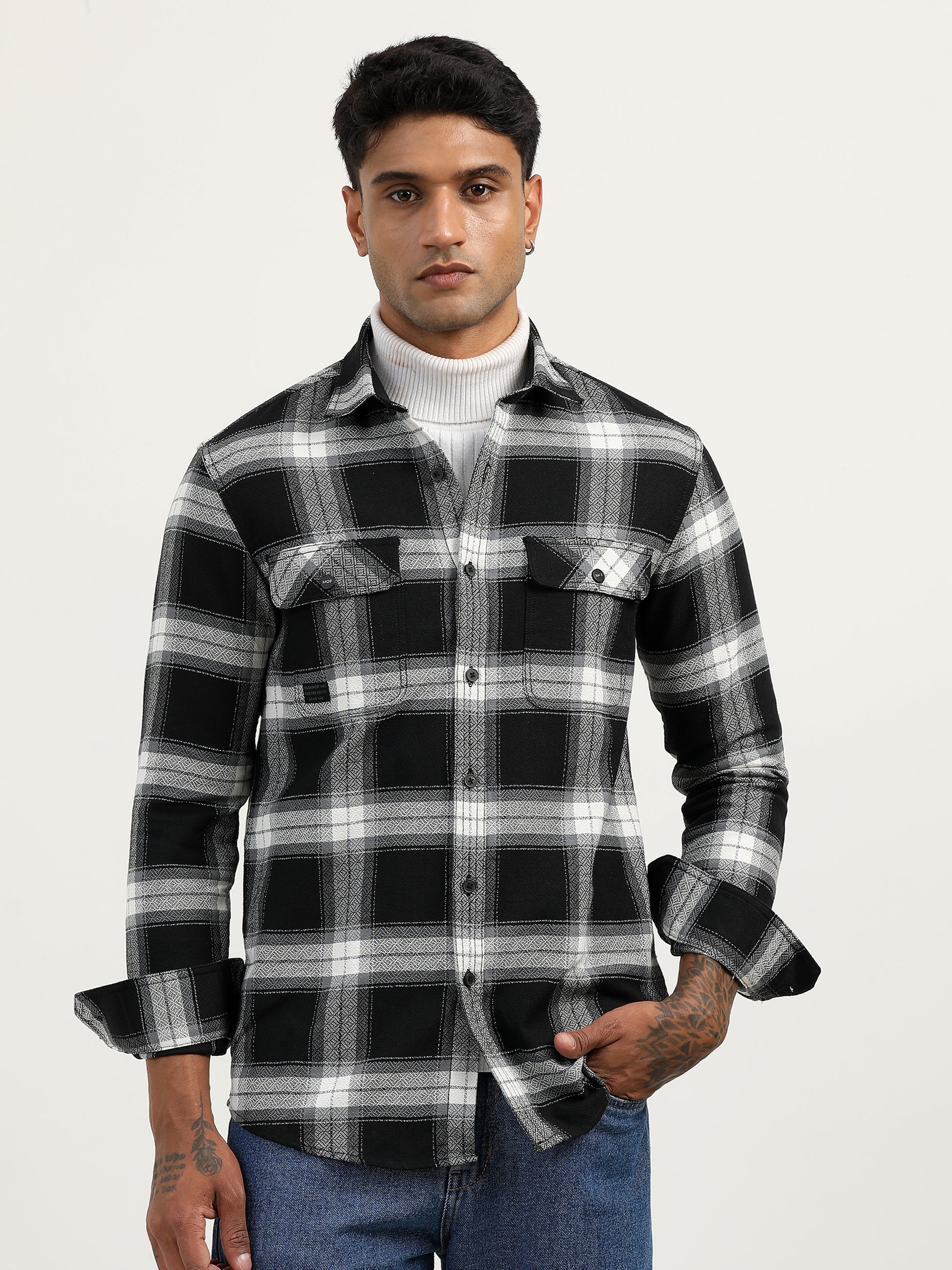 Brushed Twill Check Mens Black Shacket For Men