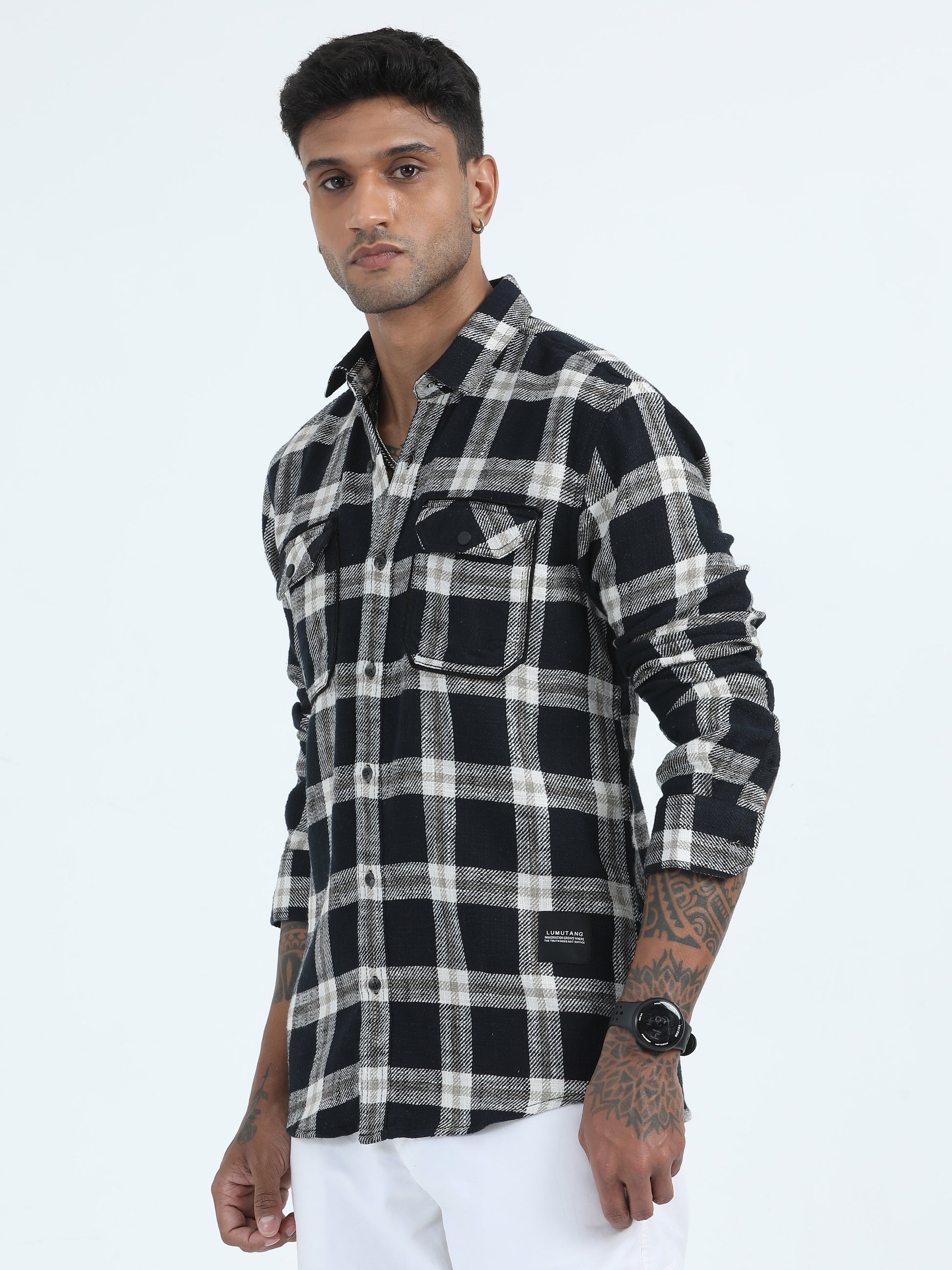 Drill Black White Check Shirt For Men