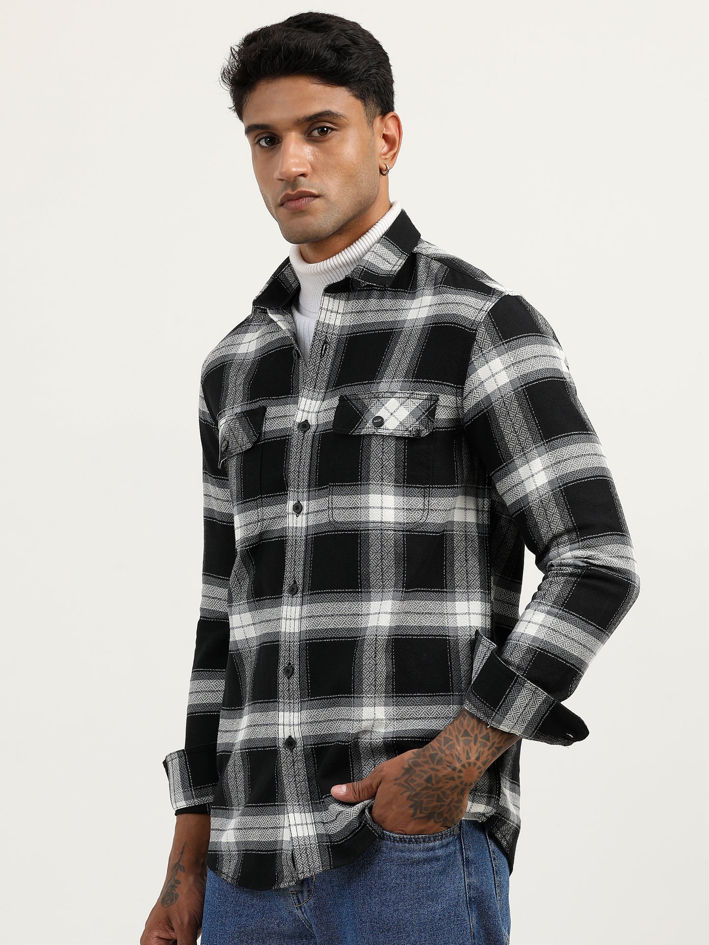 Brushed Twill Check Mens Black Shacket For Men