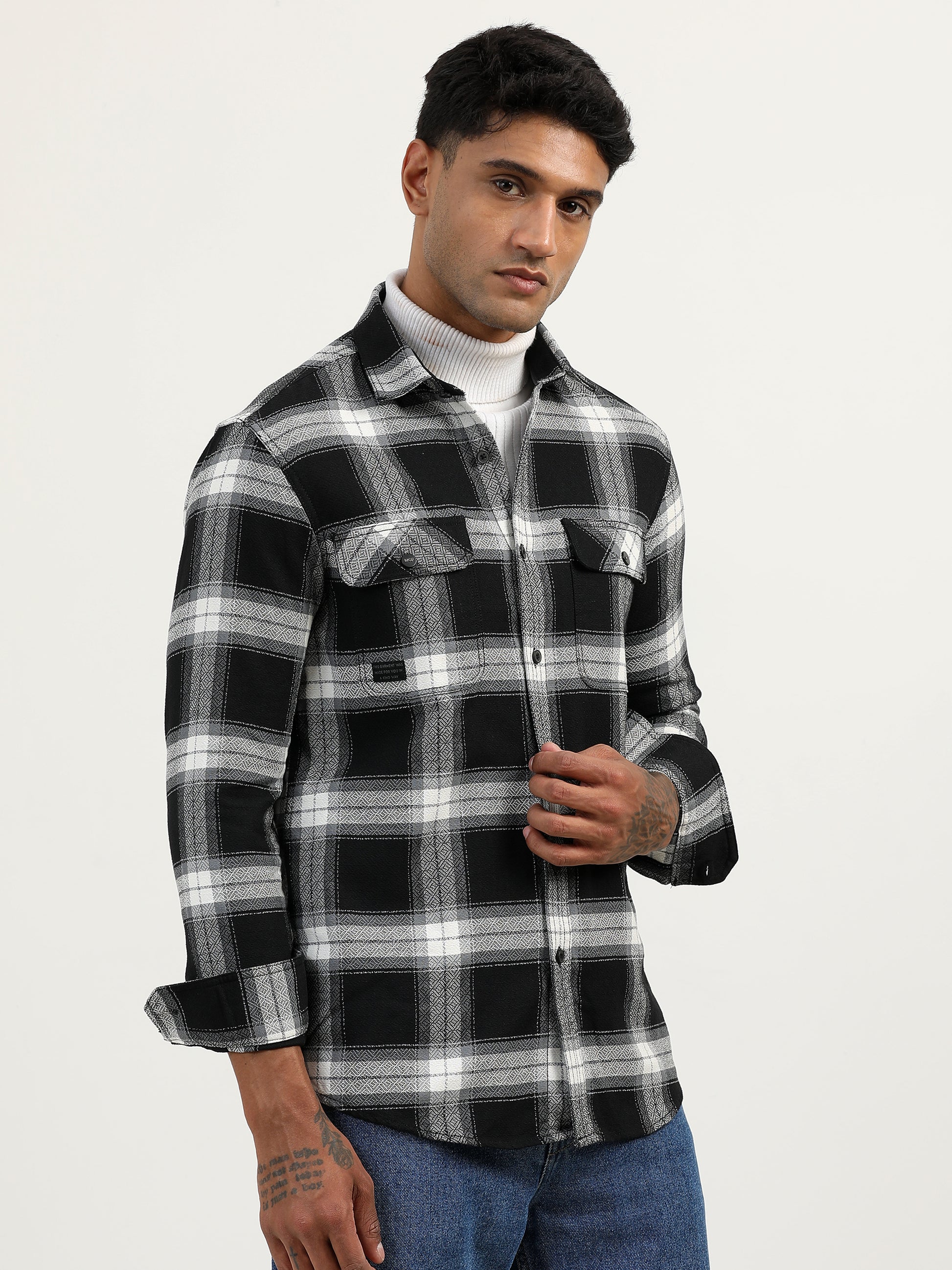 Brushed Twill Check Mens Black Shacket For Men