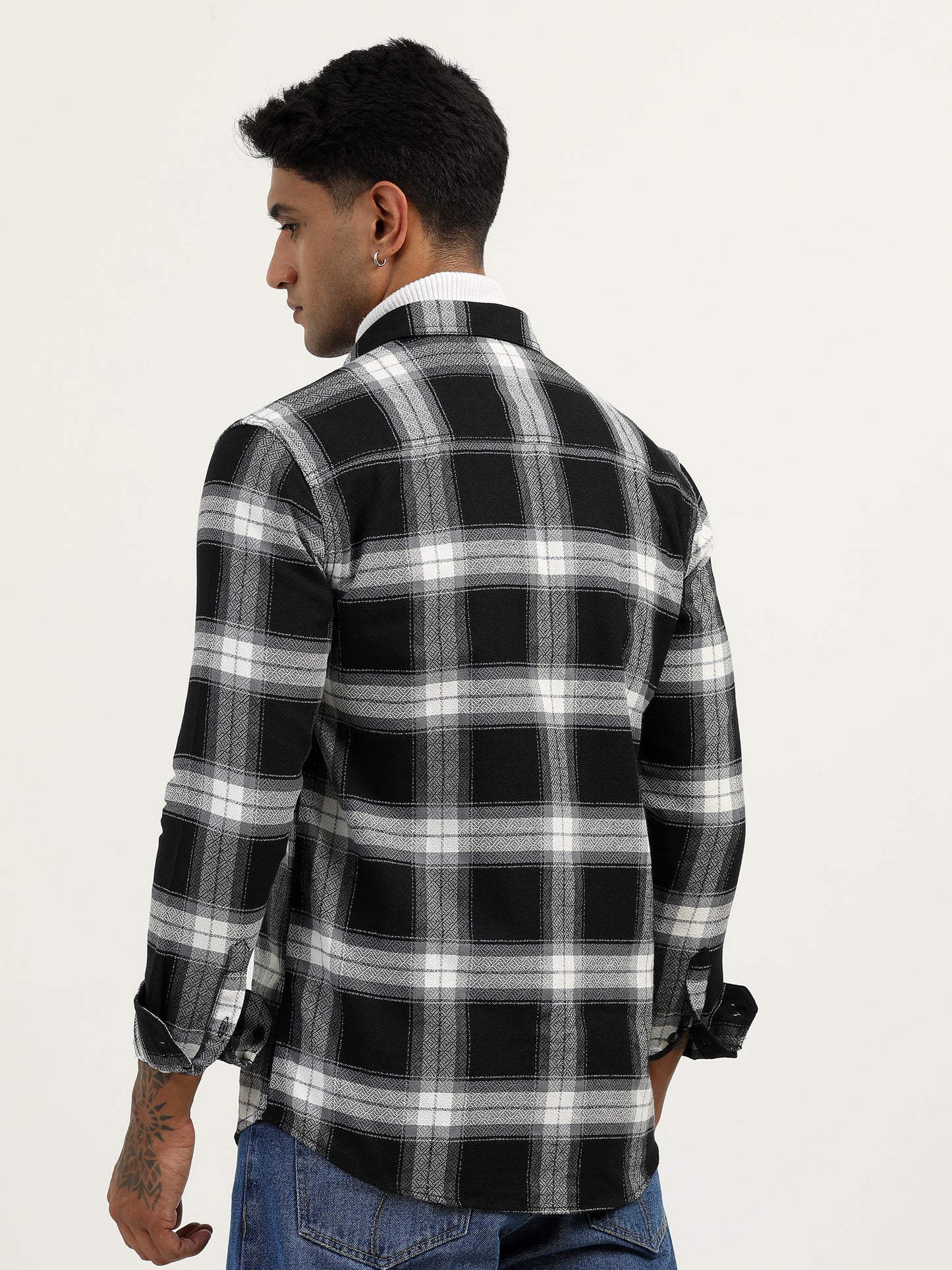 Brushed Twill Check Mens Black Shacket For Men