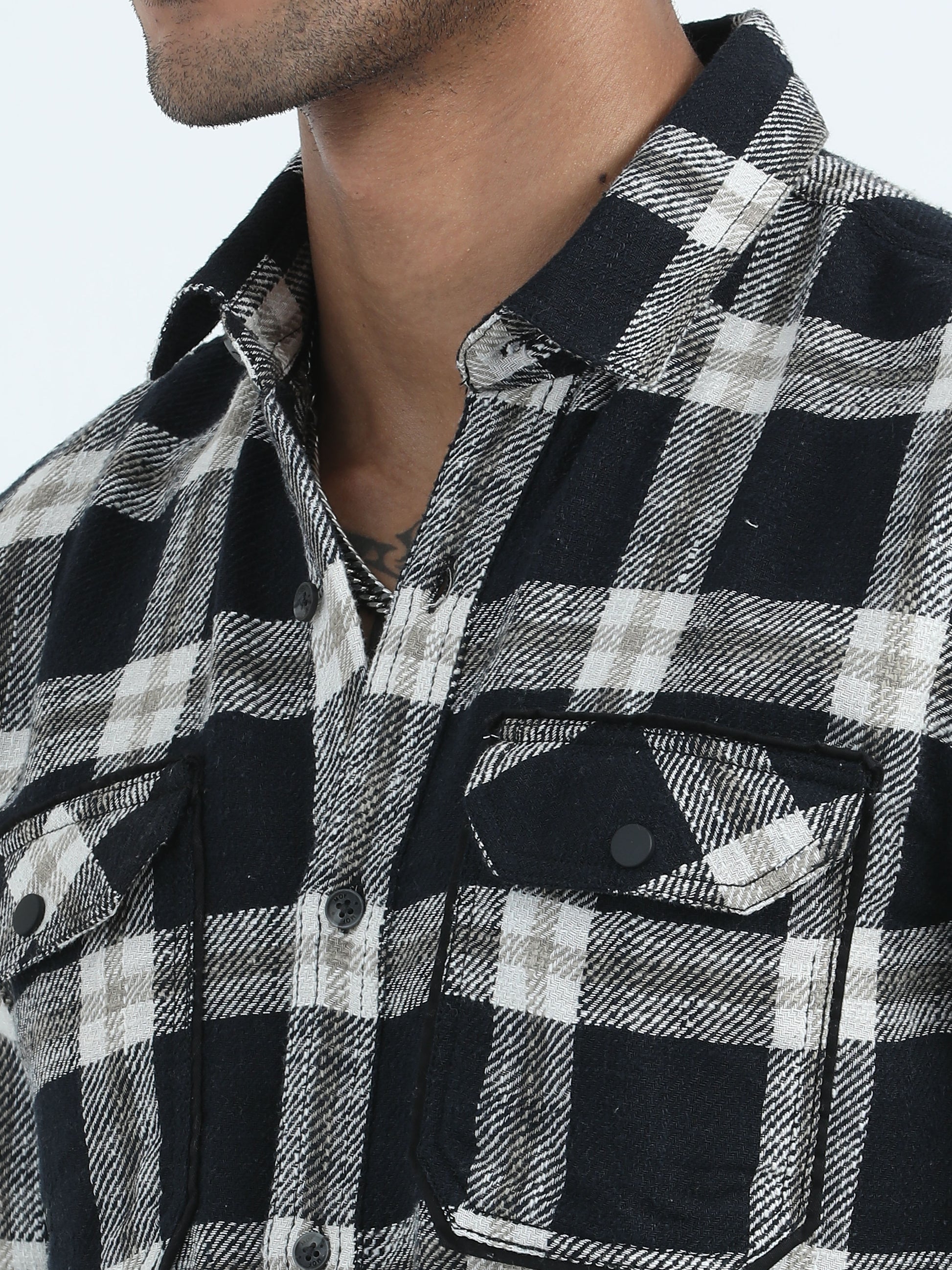 Drill Black White Check Shirt For Men