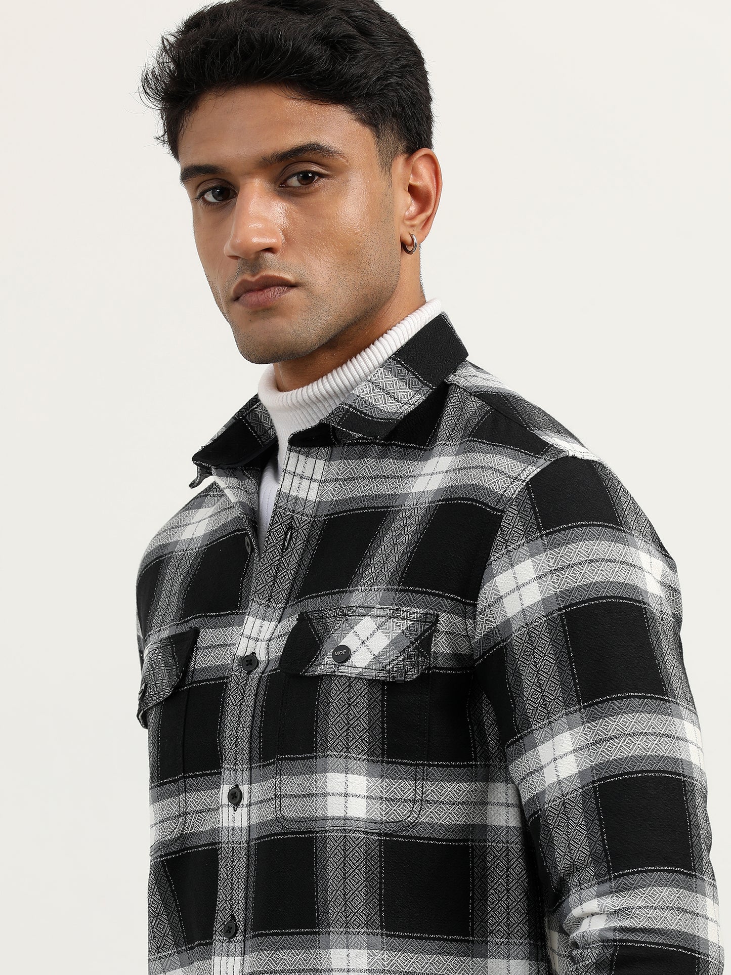 Brushed Twill Check Mens Black Shacket For Men