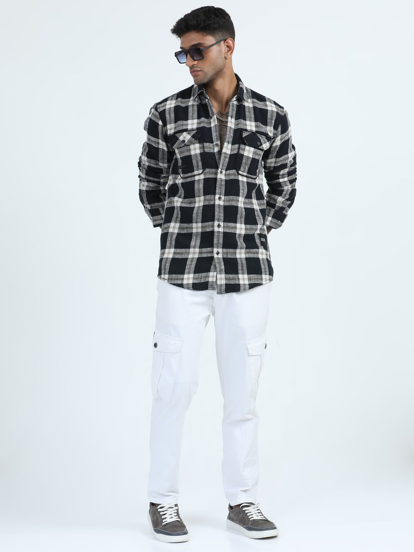 Drill Black White Check Shirt For Men