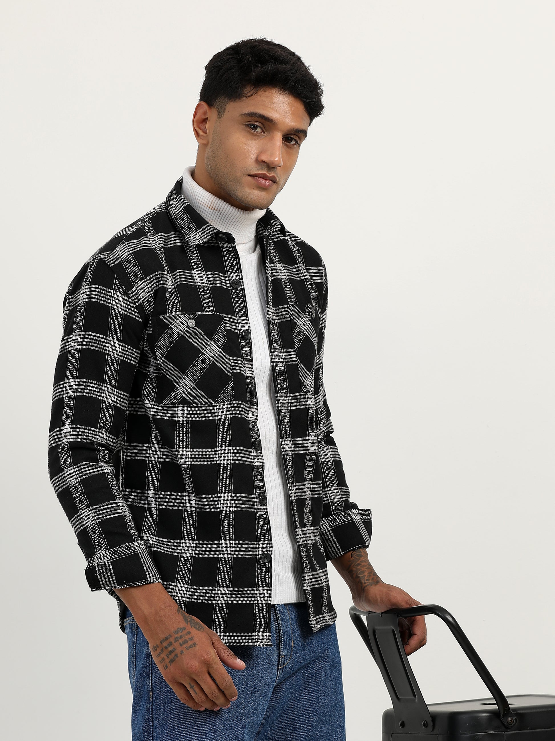 Herringbon Checks Men's Black Shacket 