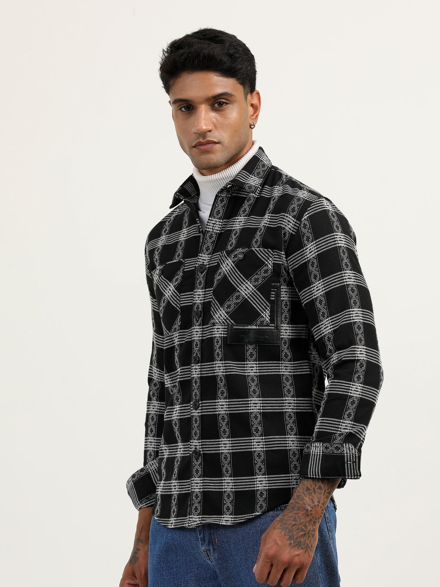 Herringbon Checks Men's Black Shacket 