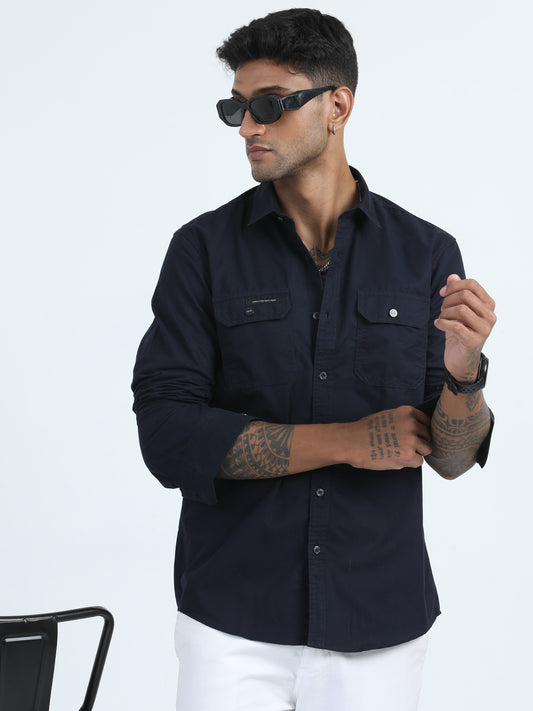 Twill Peach Navy Blue Full Sleeve Shirt Men