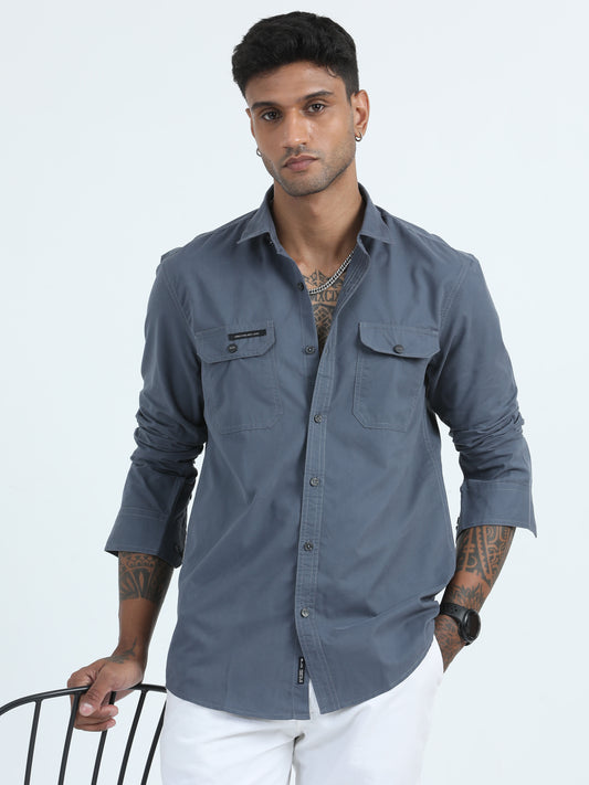 Twill Peach Double Pocket Grey Shirt For Men