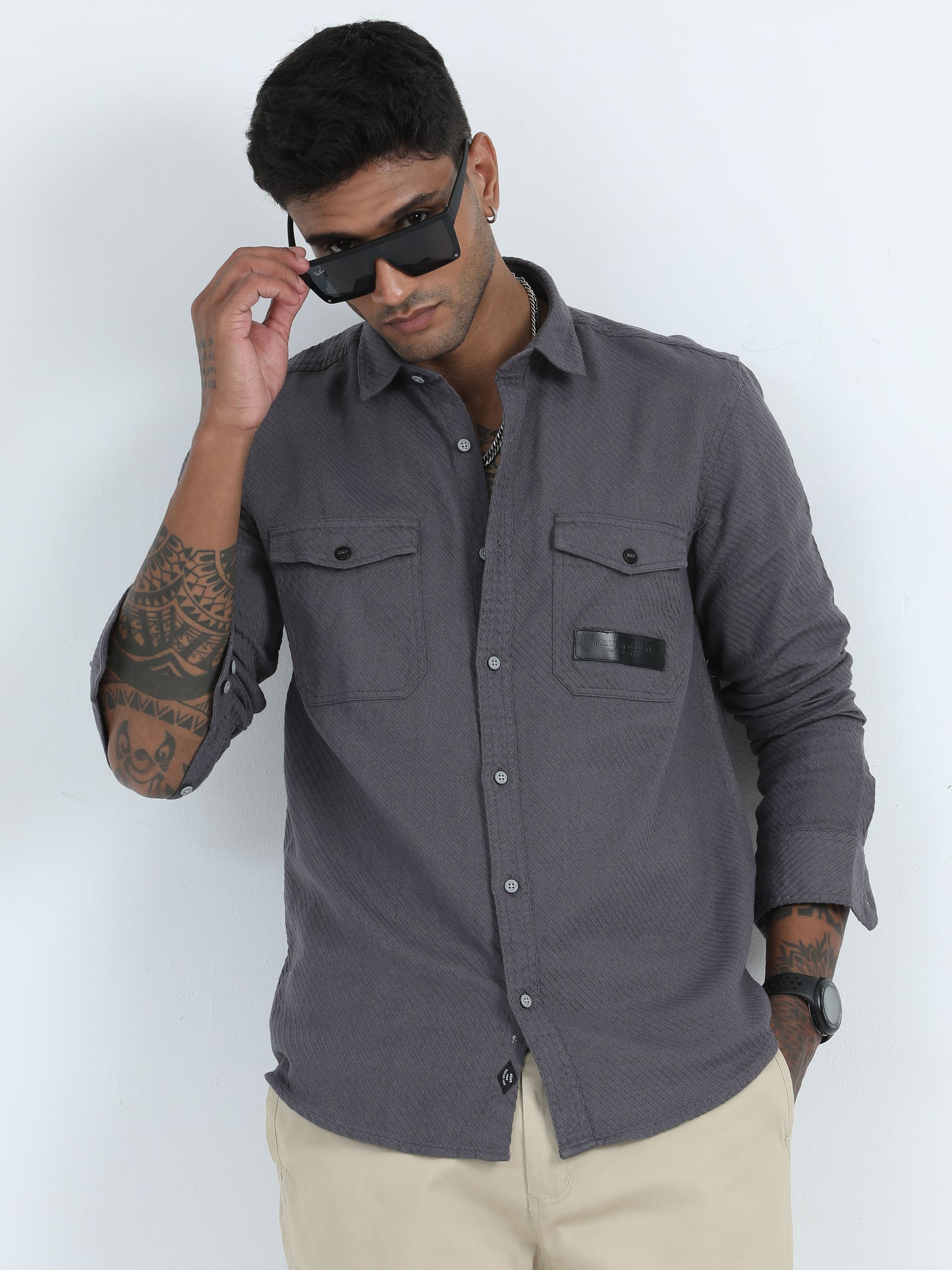 Cross Weave Dobby Grey Colour Shirt For Men