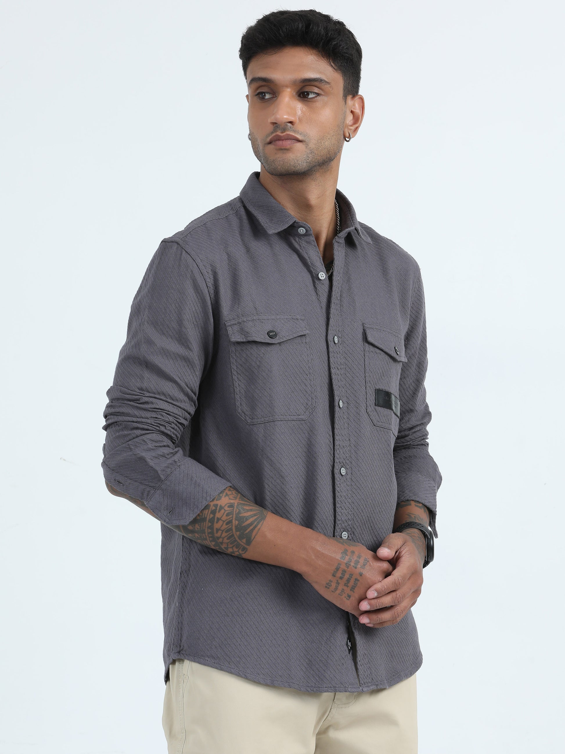 Cross Weave Dobby Grey Colour Shirt For Men