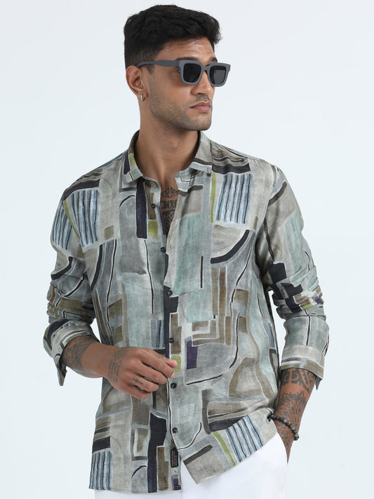 Nylon Digita Olive Green Printed Shirt For Men