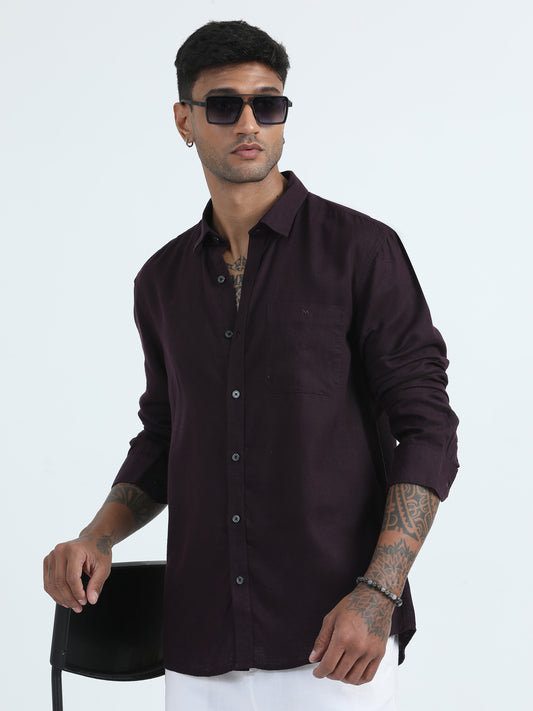  Cotton Linen Wine Colour Shirt For Men