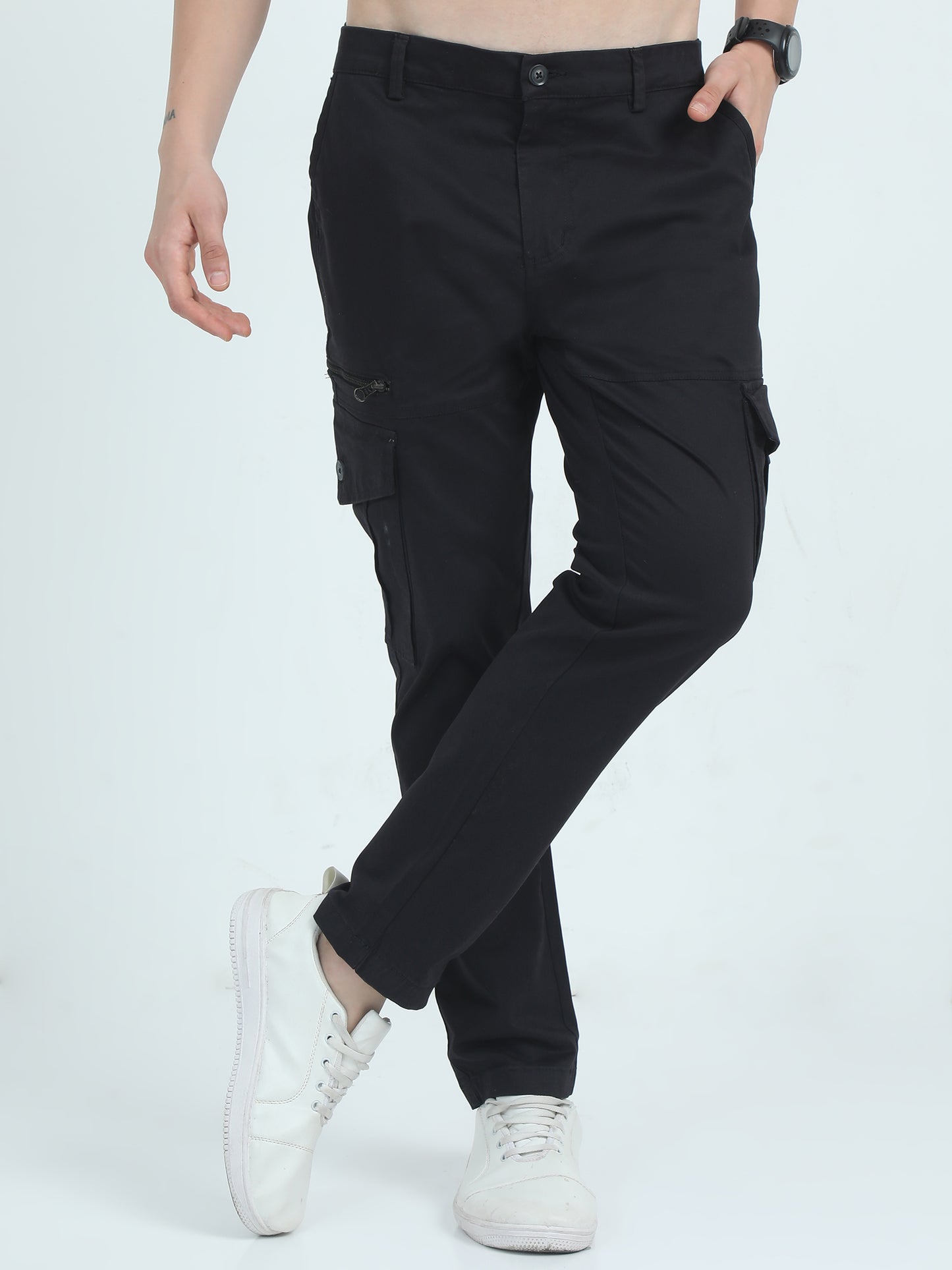 Twill Peach Cotton Mens Cargo Black Trousers